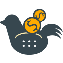A stylized dark grey bird carries two gold dollar coins.