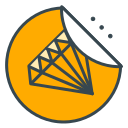 Orange circular sticker with a diamond icon peeling back.