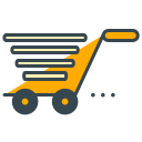 Moving yellow shopping cart with stacked items.