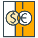 Overlapping dollar and euro coins on a split background.