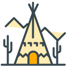 A cartoon teepee with mountains and cacti