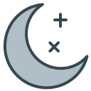 Uma lua crescente e duas estrelas sobre fundo branco.