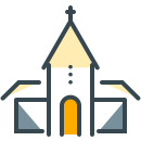 Um ícone estilizado de igreja com campanário e cruz.