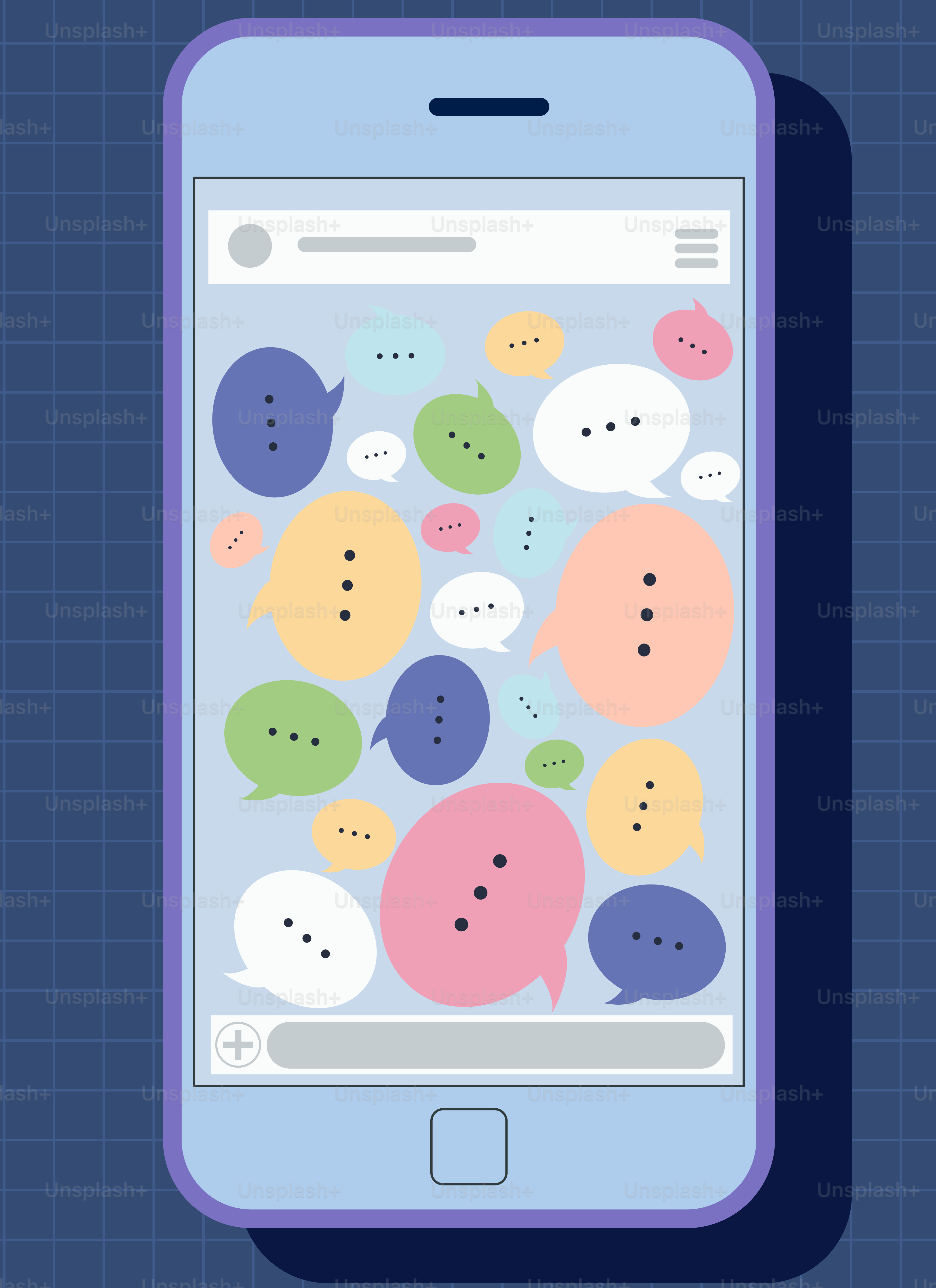 A smartphone screen filled with many colorful speech bubbles.