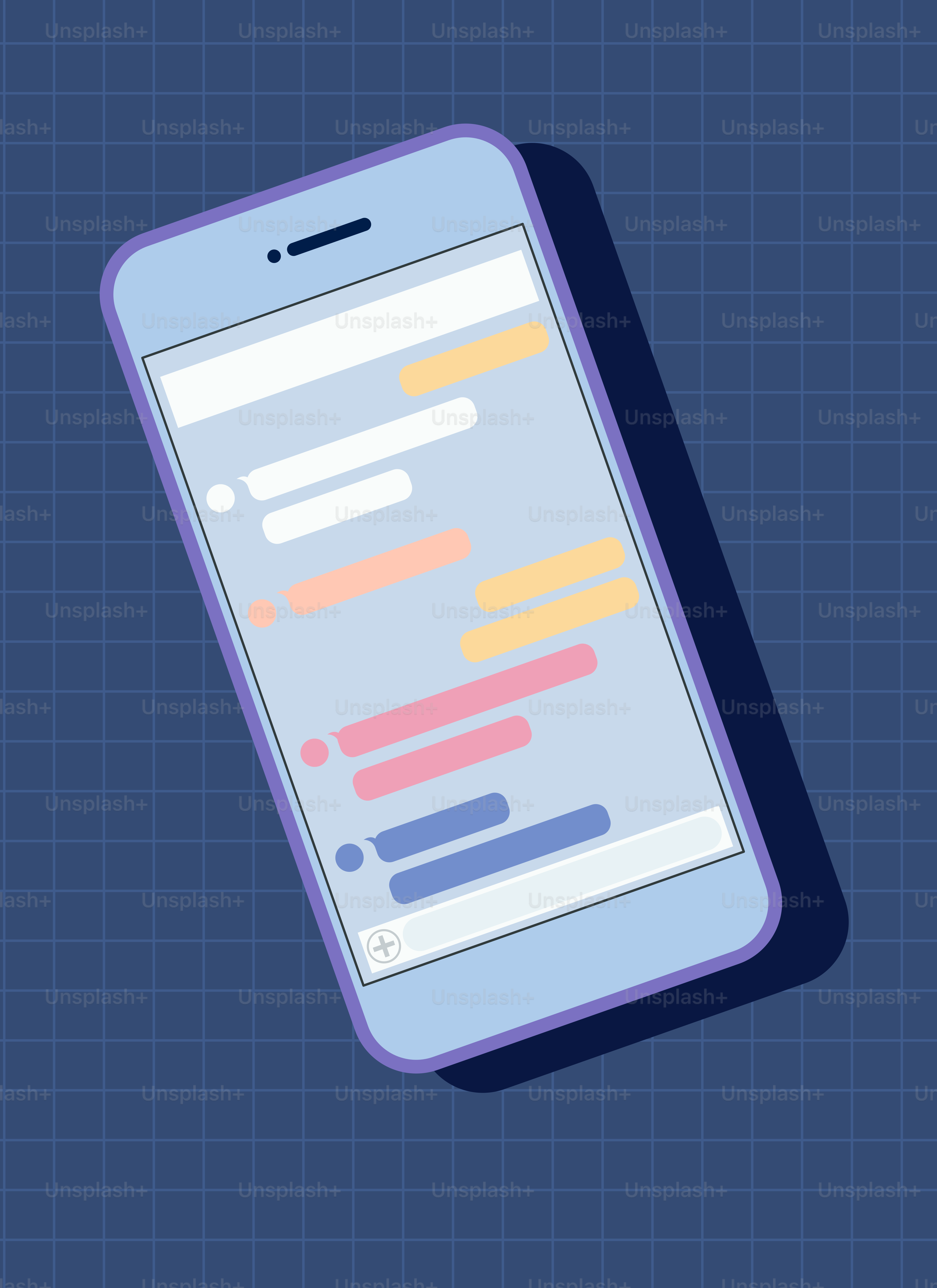 A smartphone displaying a chat application on a grid background.