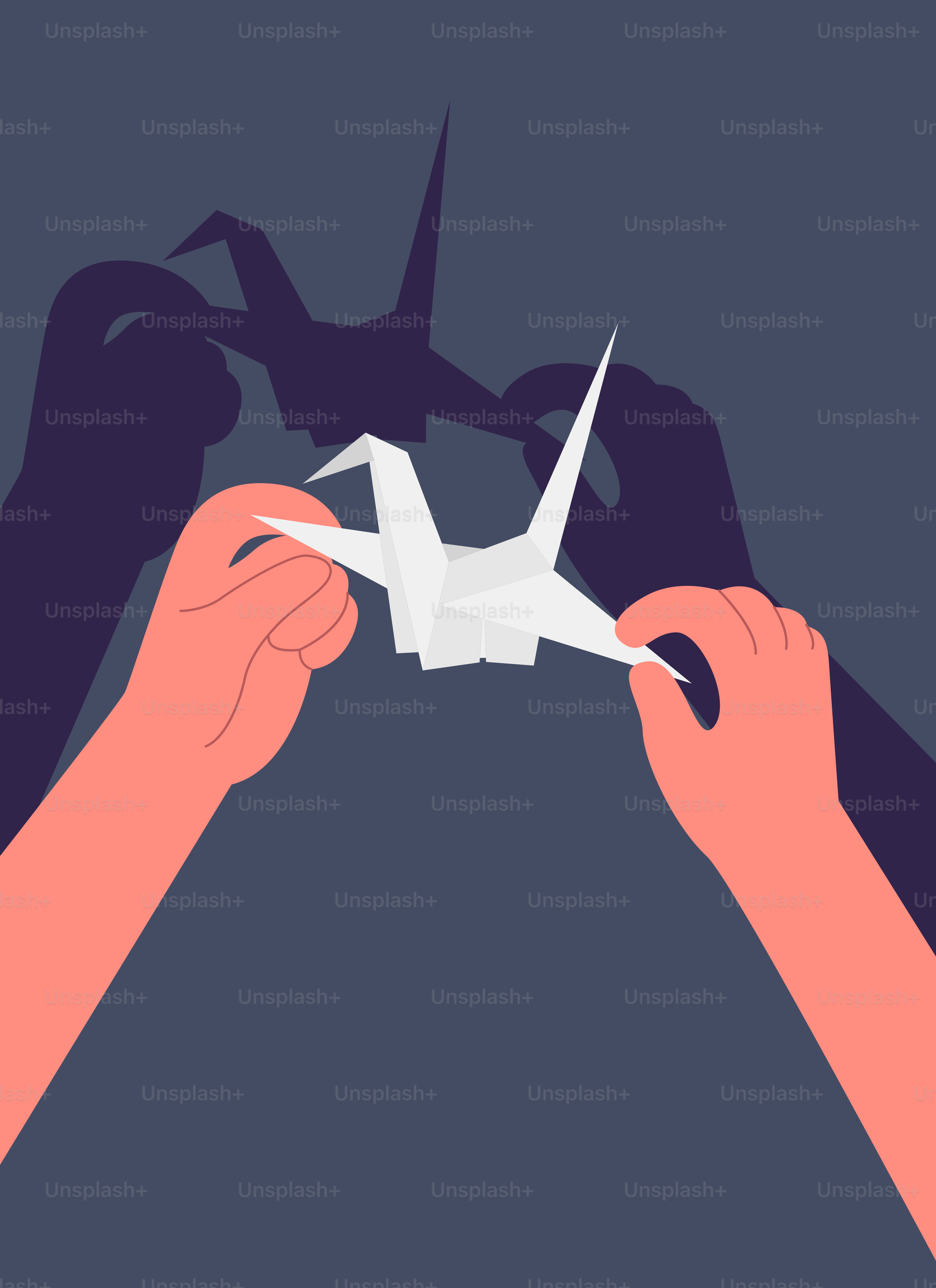 Hands holding a white origami crane with a shadow.