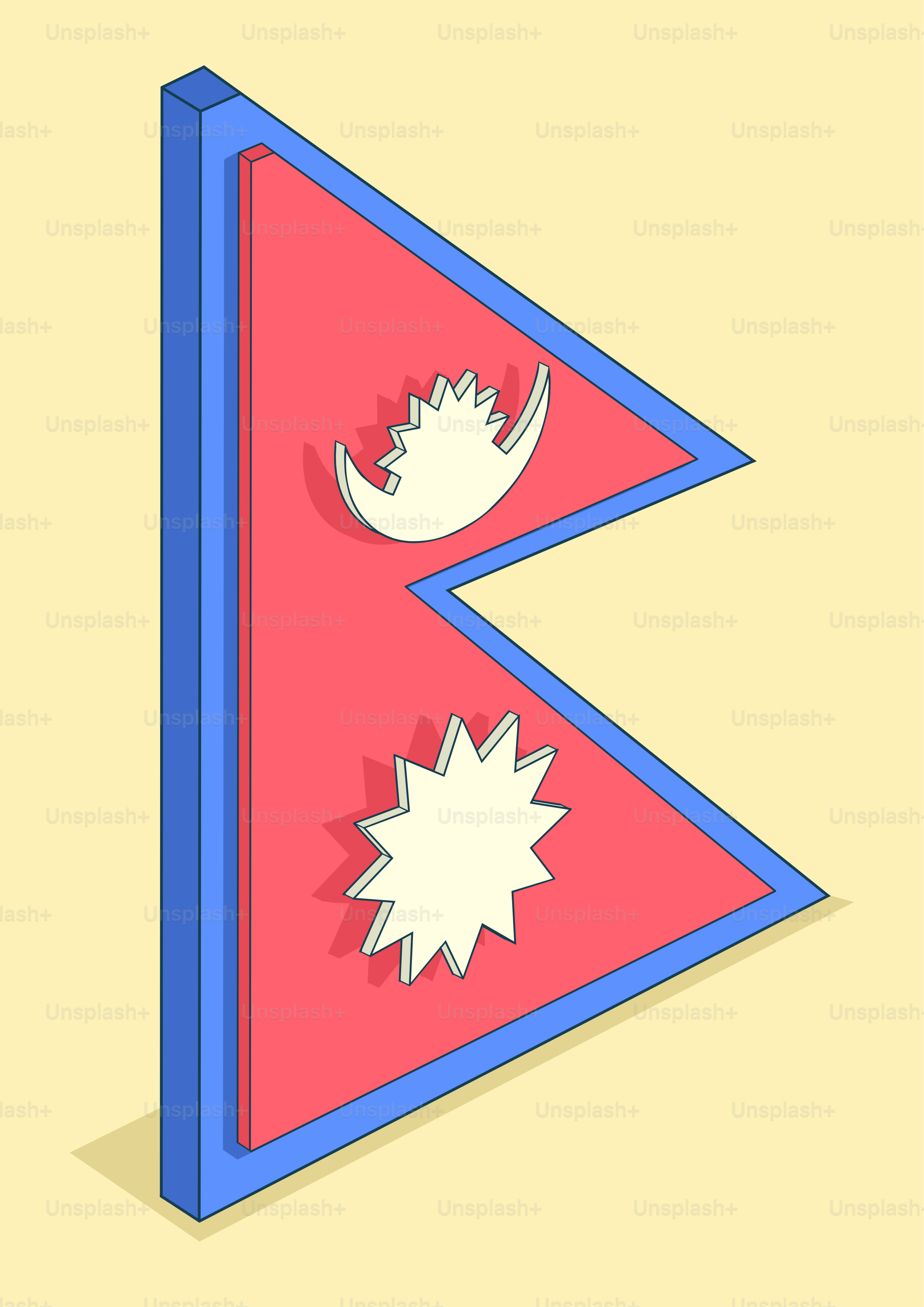 La distintiva bandiera nazionale rossa e blu del Nepal con simboli bianchi.