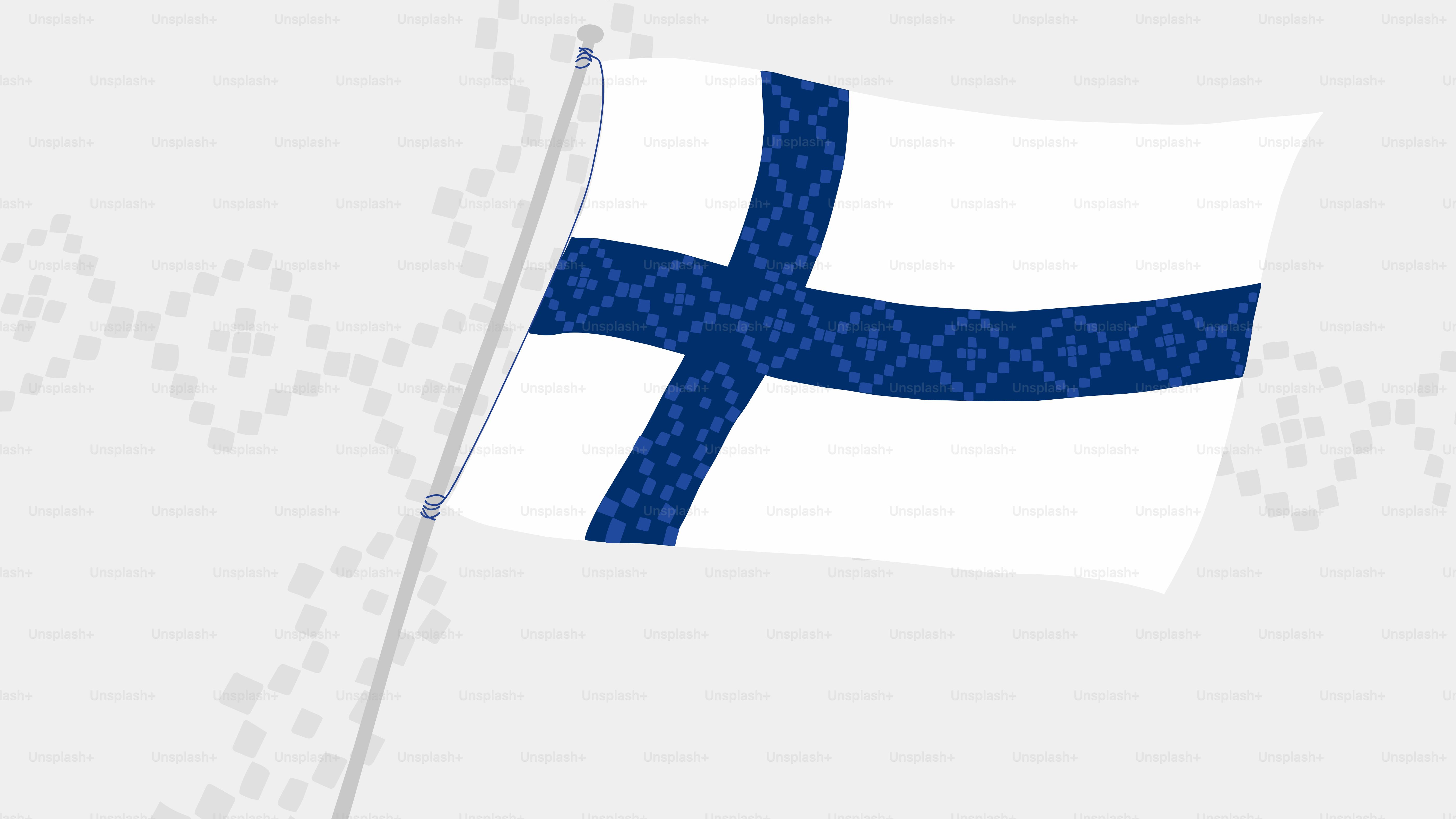 La bandiera finlandese sventola su uno sfondo a motivi.