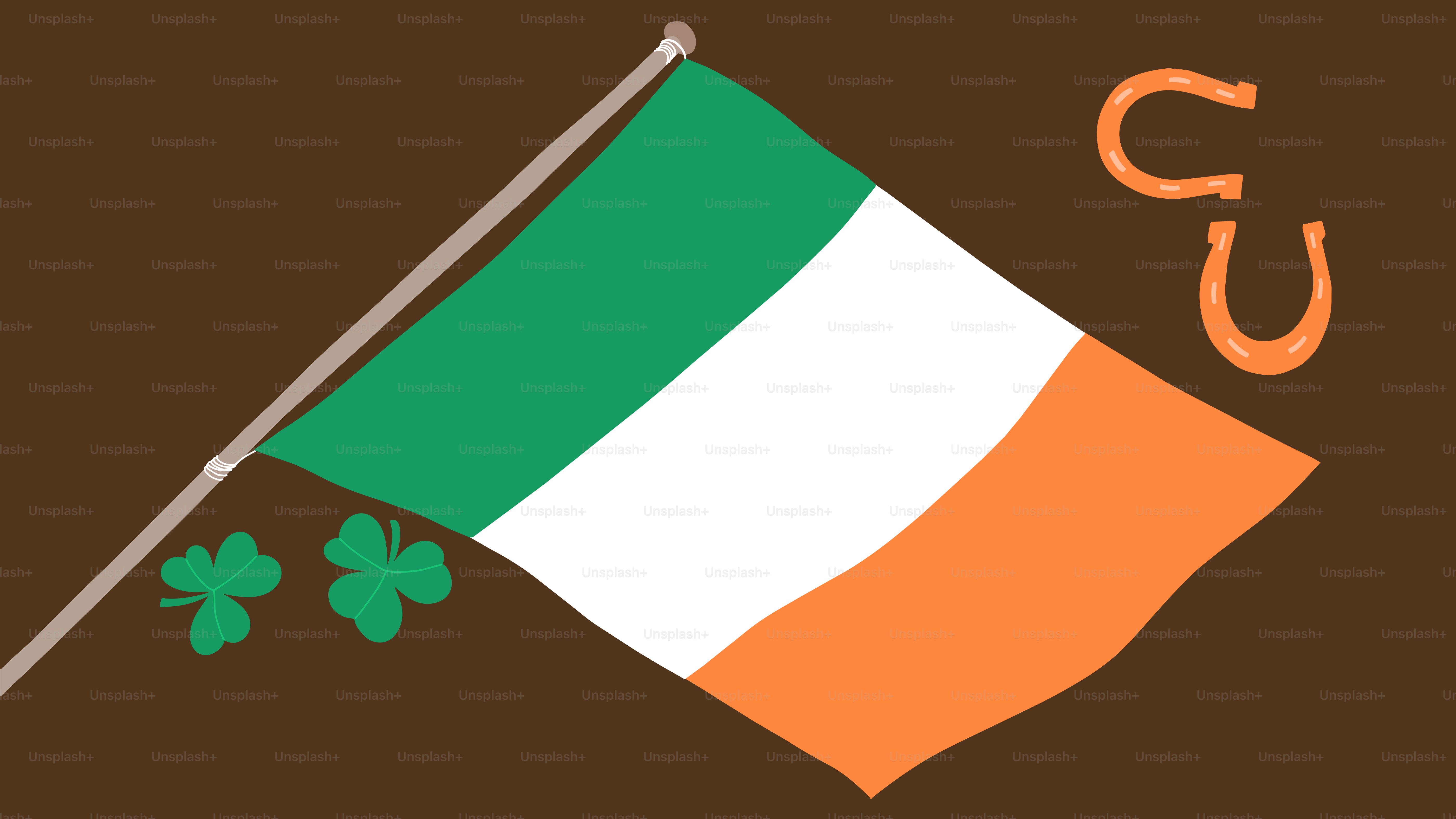 Bandiera irlandese con trifogli e ferri di cavallo su sfondo marrone.