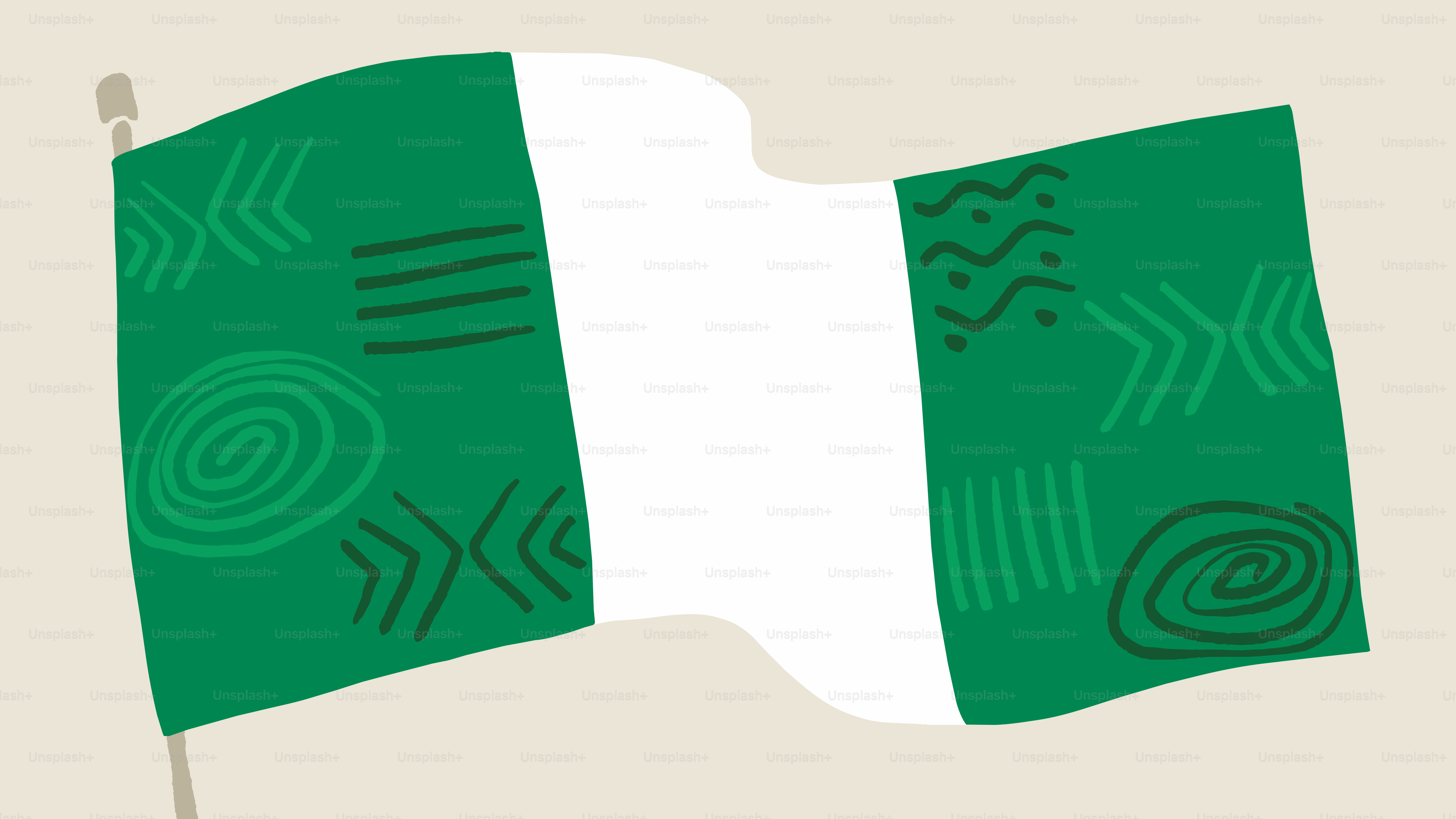 Un drapeau nigérian flottant avec des motifs tribaux sur des bandes vertes.