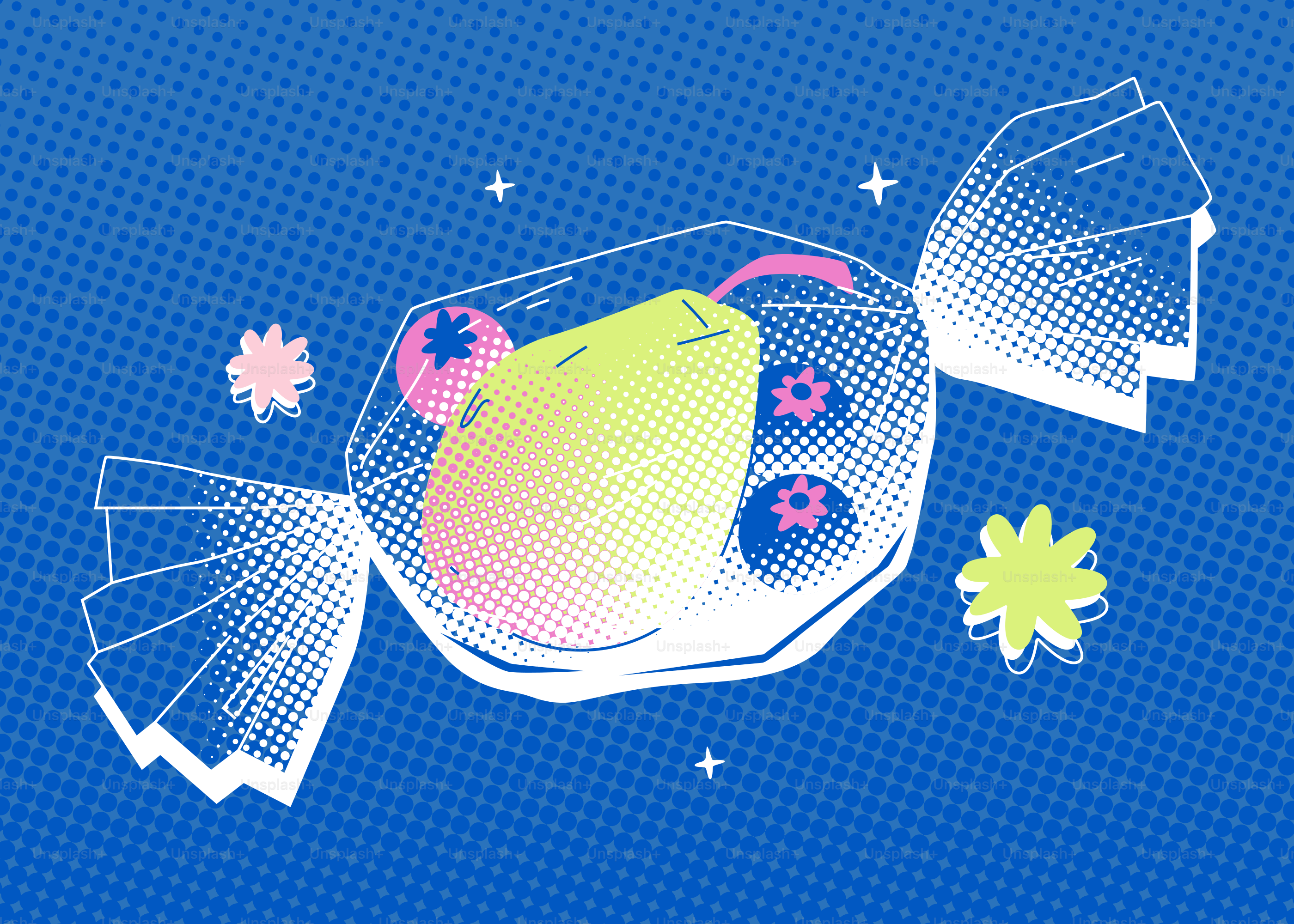 Wrapped candy with mango and blueberries on a blue background.