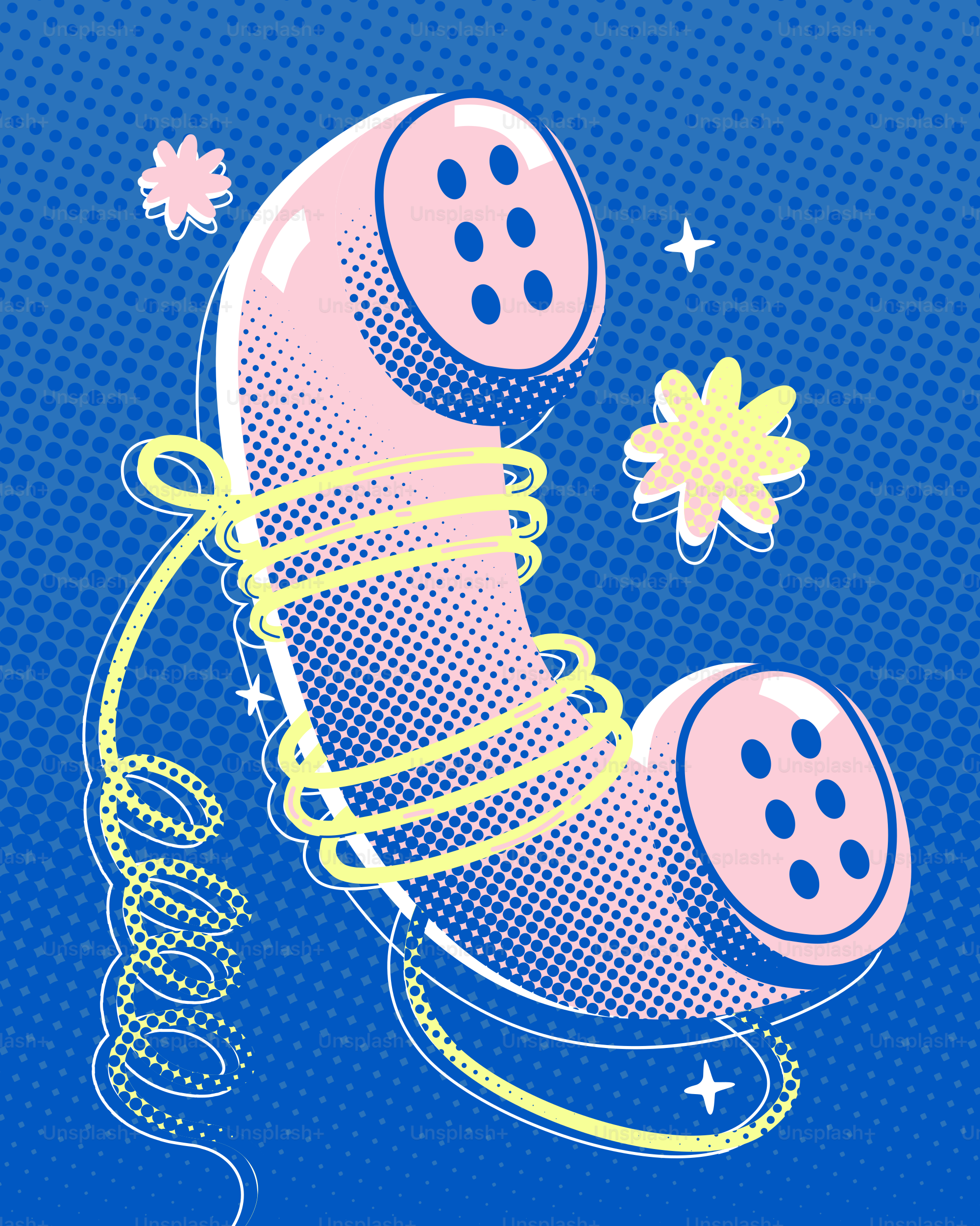 Pop art pink telephone receiver with yellow cord on blue.