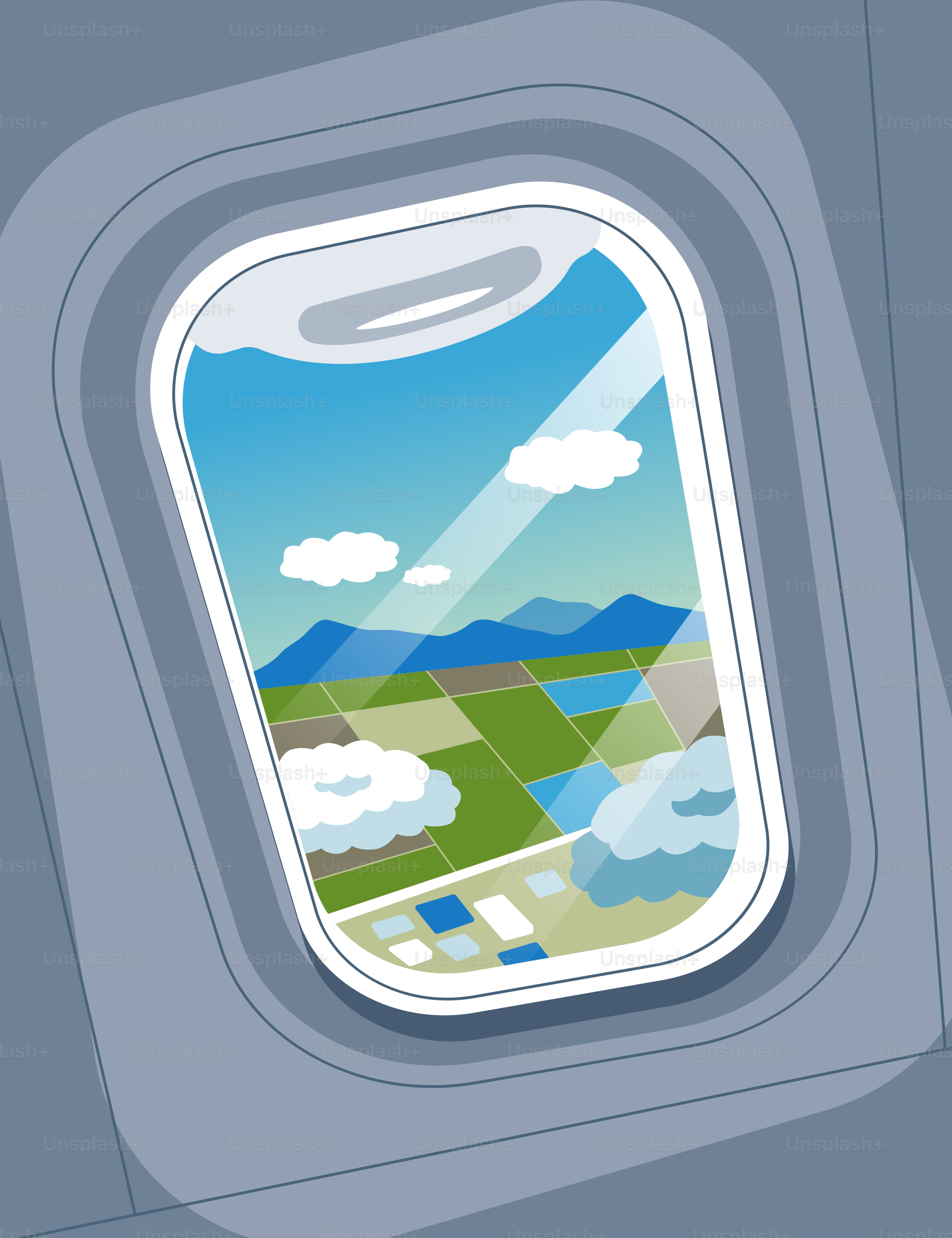Vista dal finestrino di un aereo che mostra campi, montagne e nuvole.