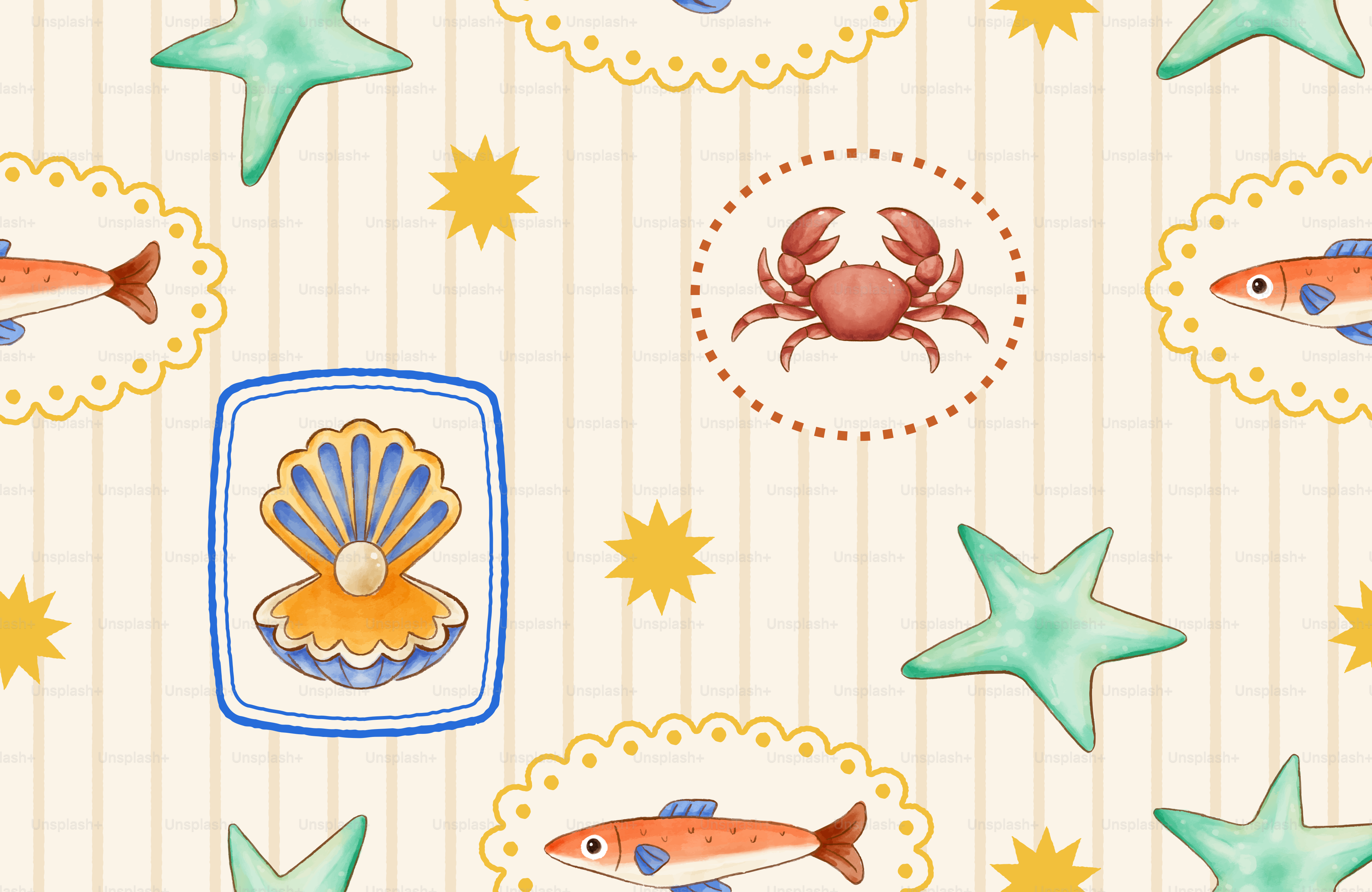 Seamless pattern with starfish, fish, crabs, and shells.