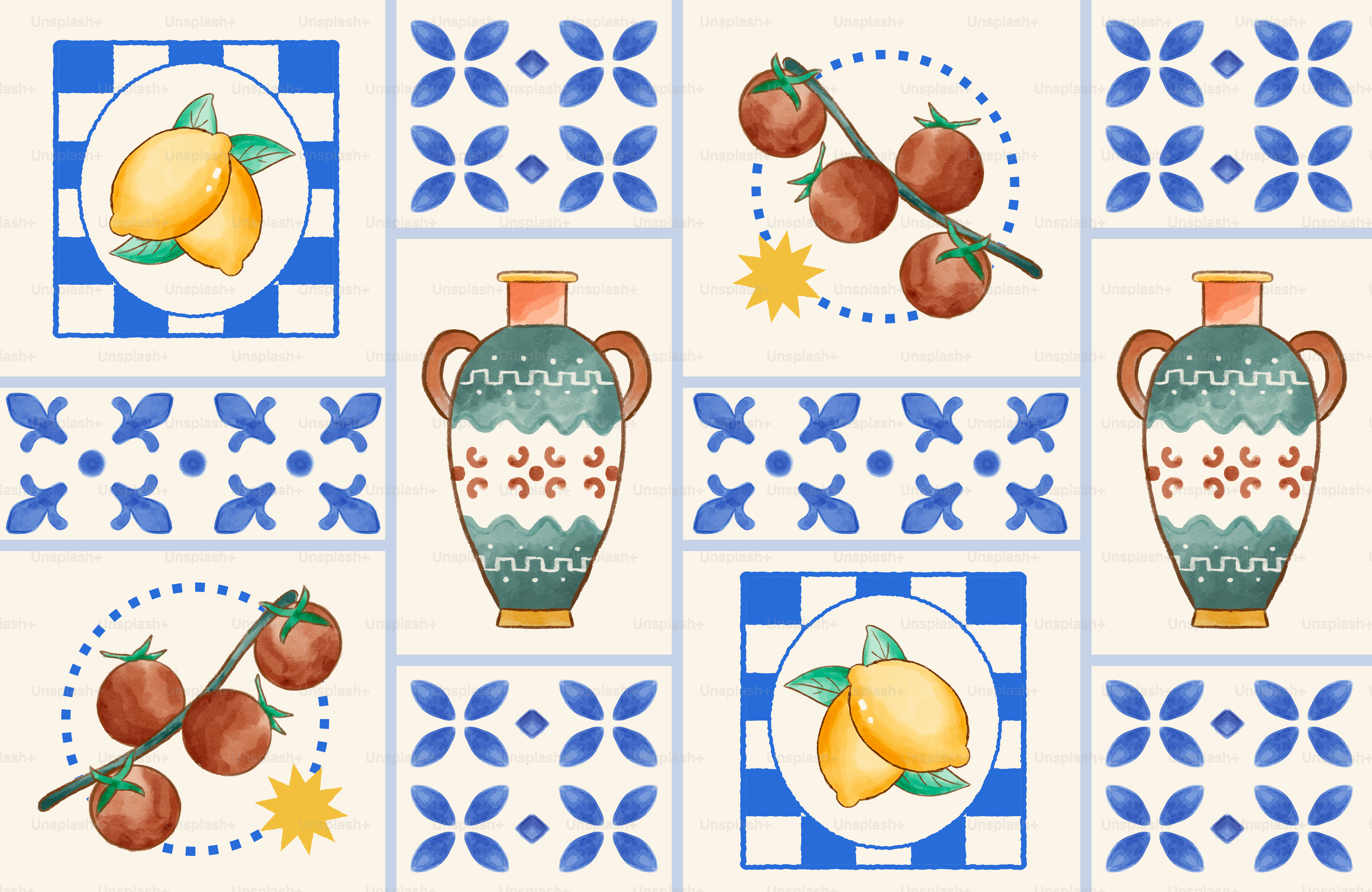 Mediterranean tile pattern with lemons, tomatoes, and vases.