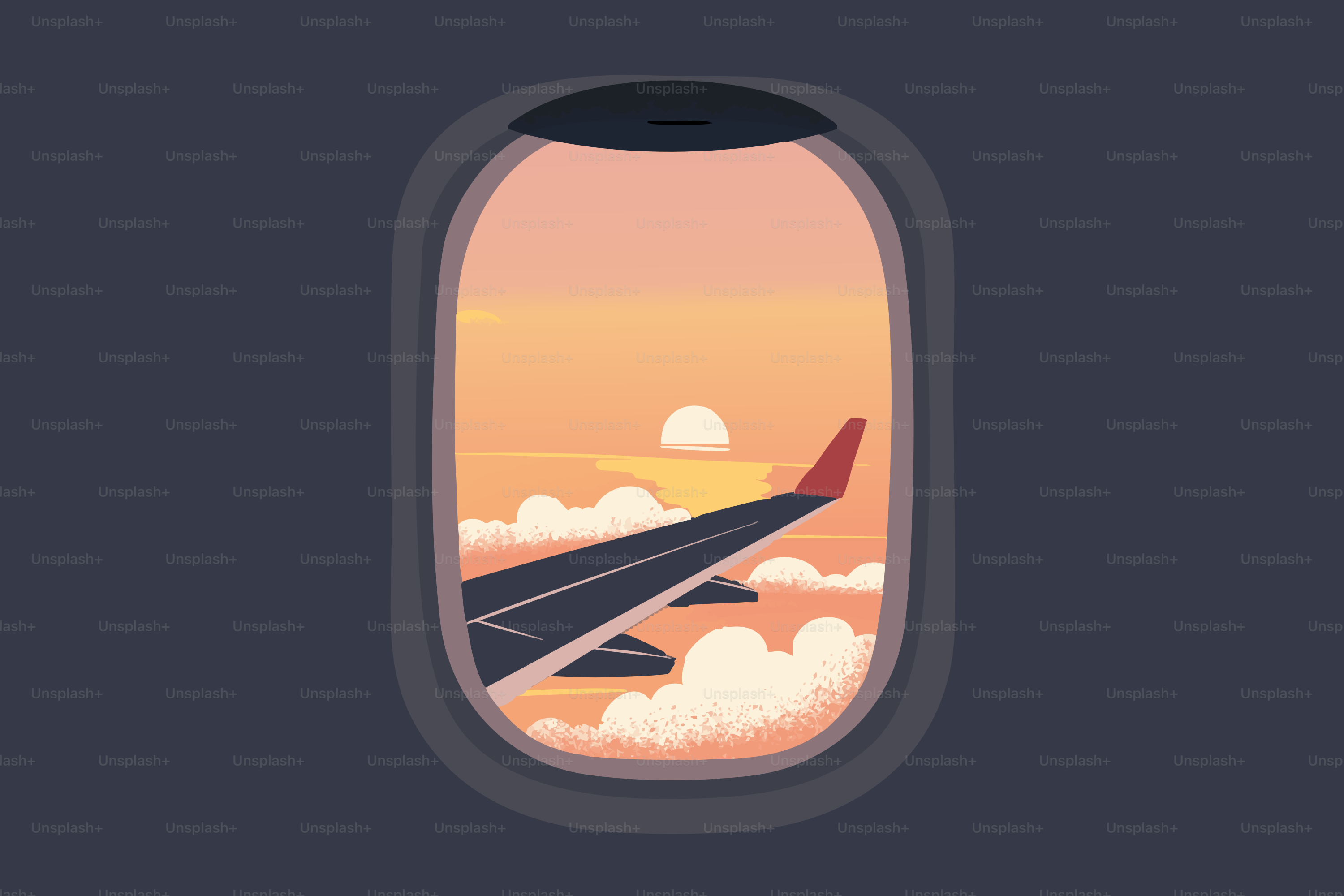 Vista dal finestrino di un aereo durante un volo al tramonto.