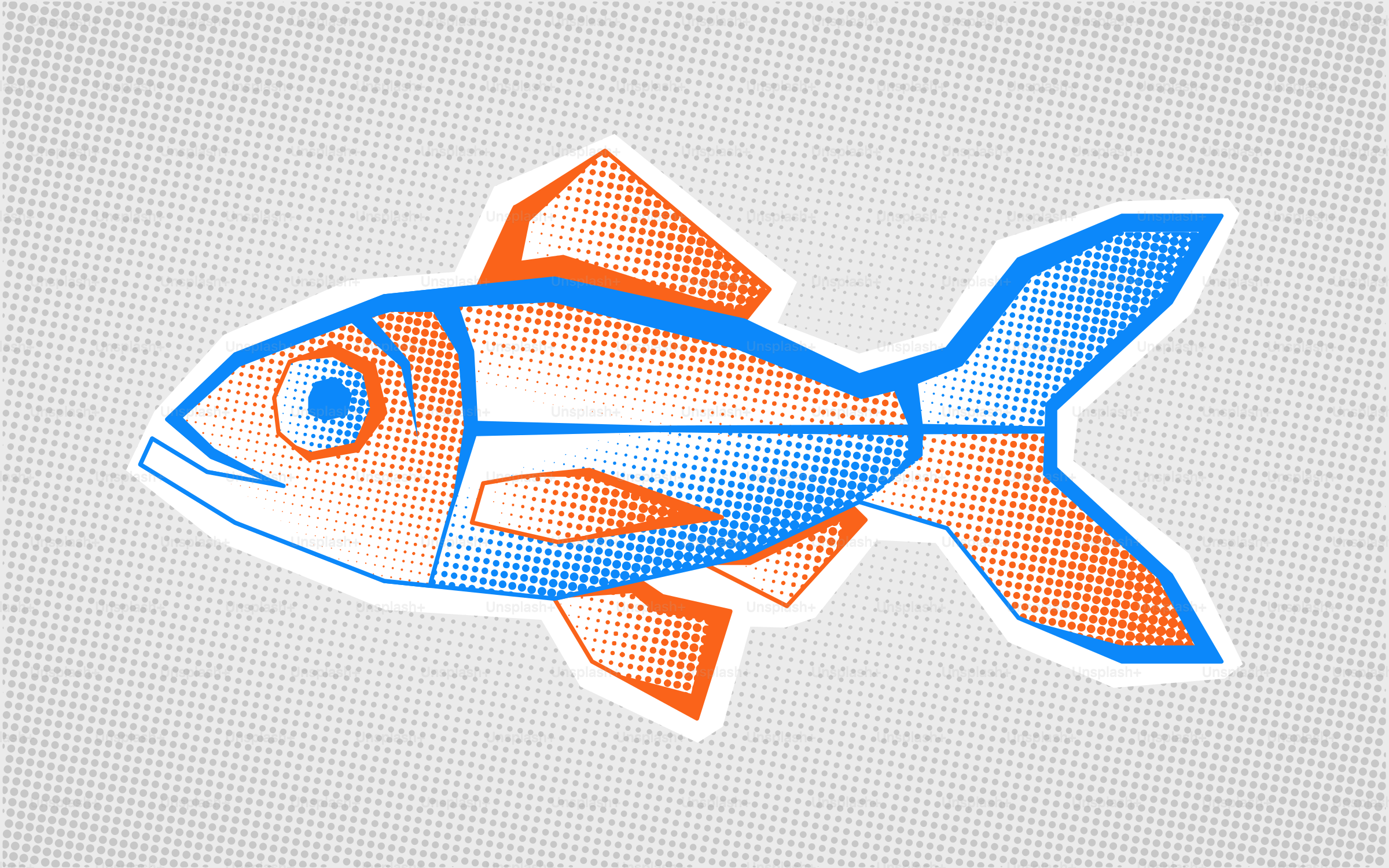 Stylized fish with blue and orange halftone pattern.
