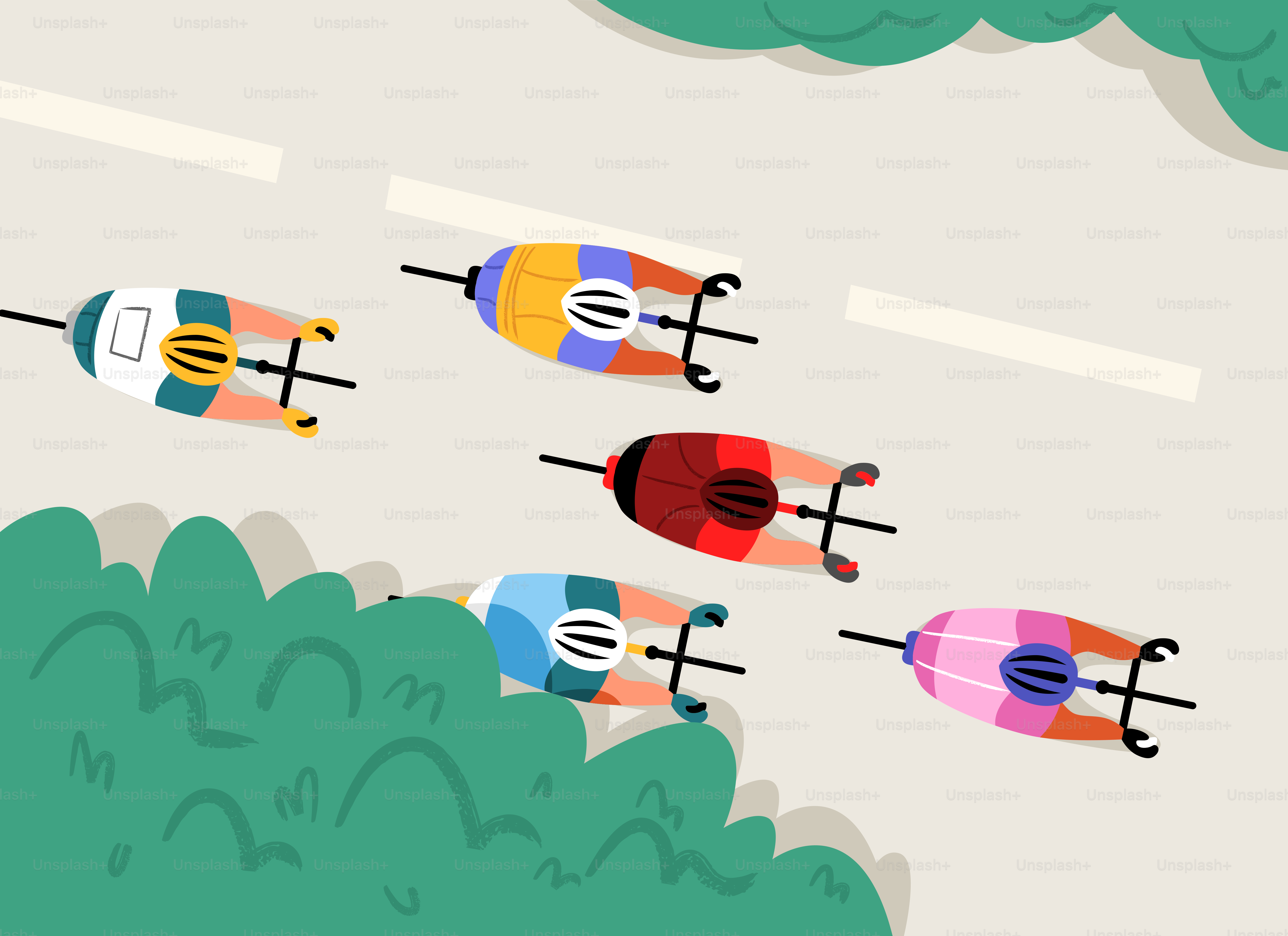 Five cyclists in colorful jerseys racing on a road.
