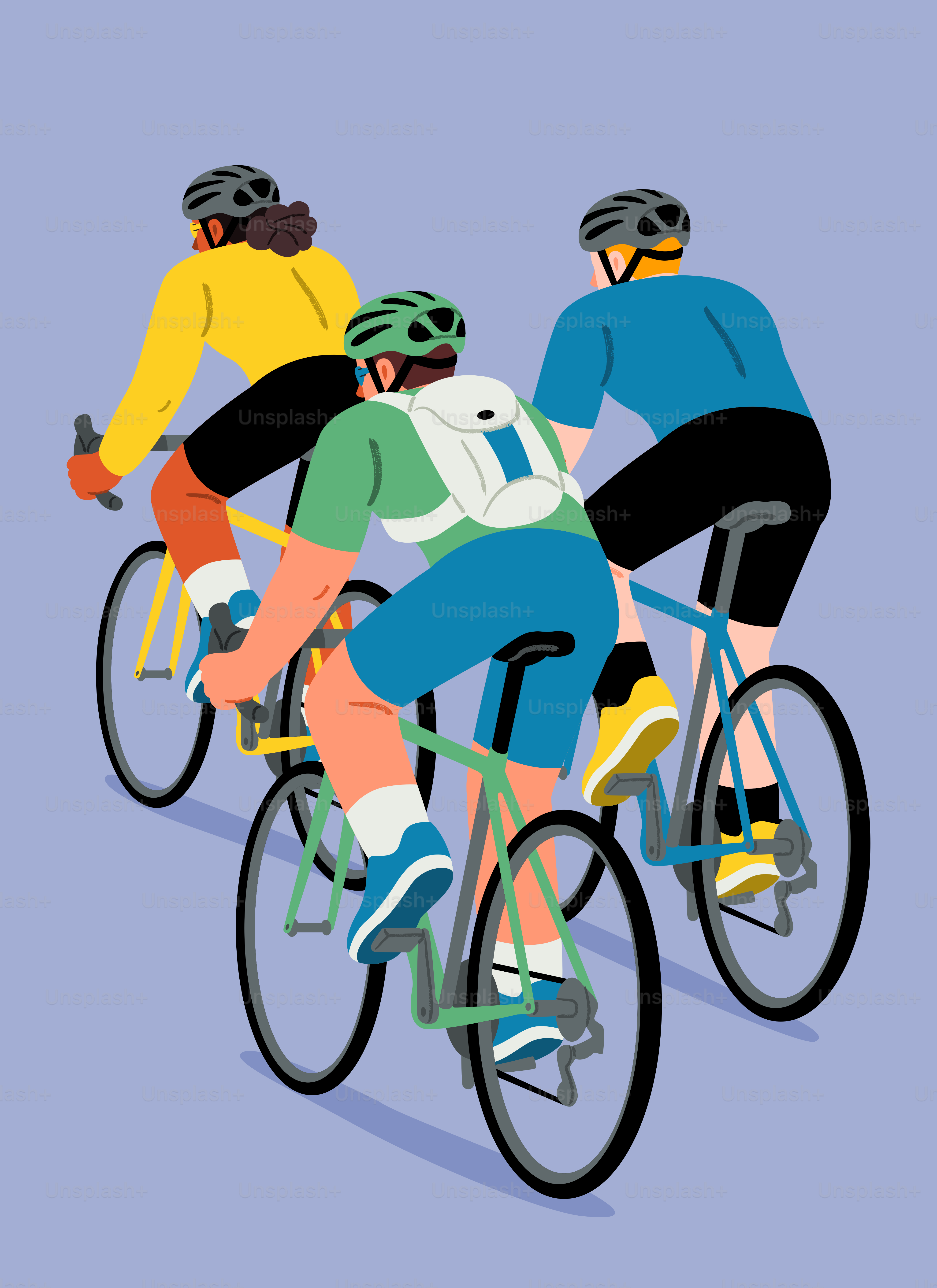 Three people cycling together on a light purple background.