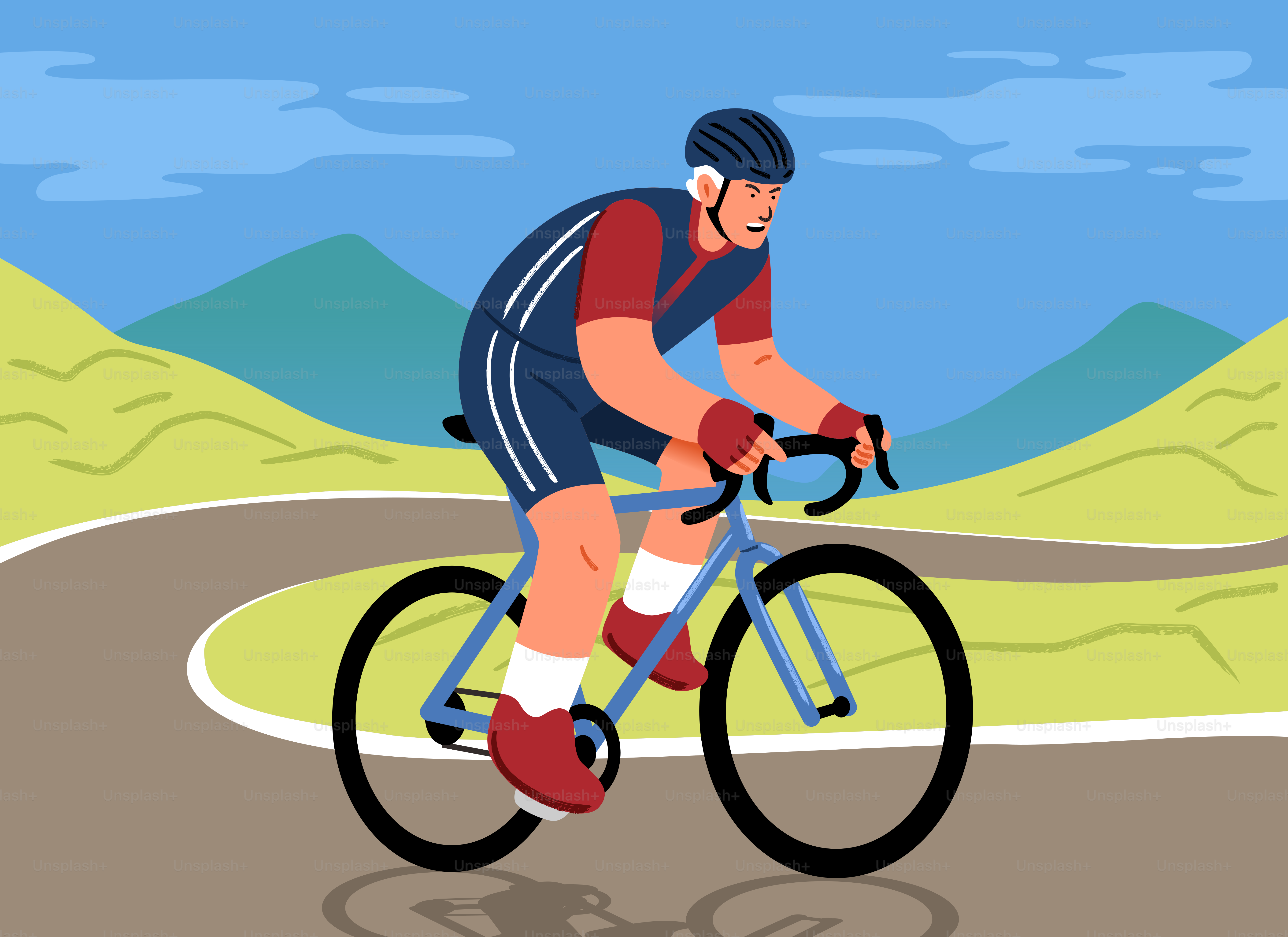 A man cycling on a winding road with mountains.