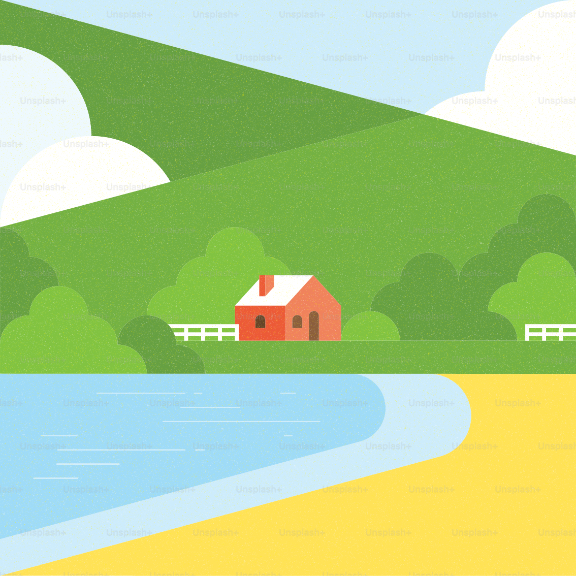 A red house on green hills by a beach.