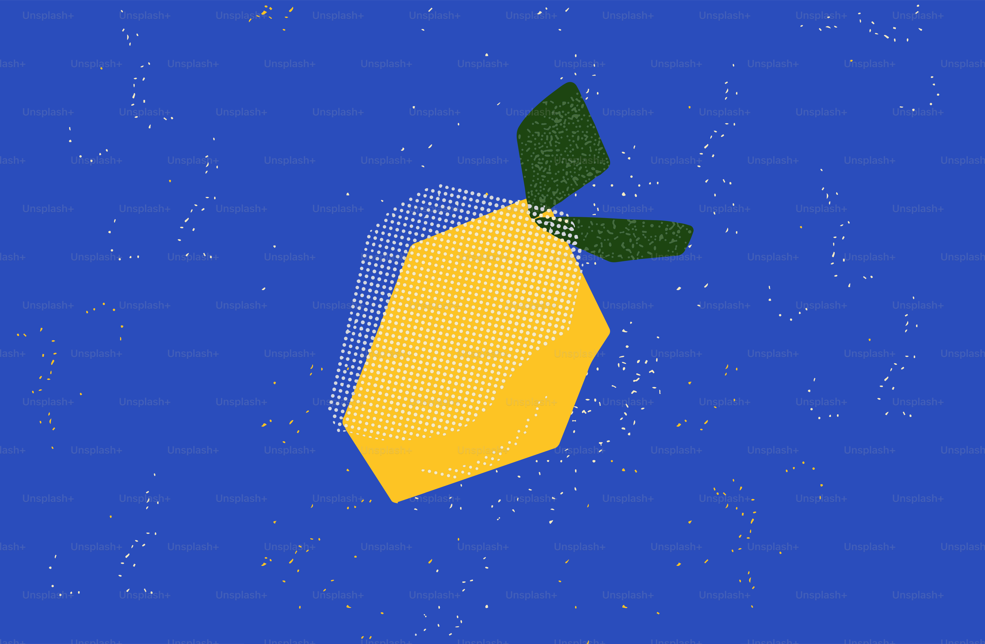 Yellow lemon with green leaves on a speckled blue background.