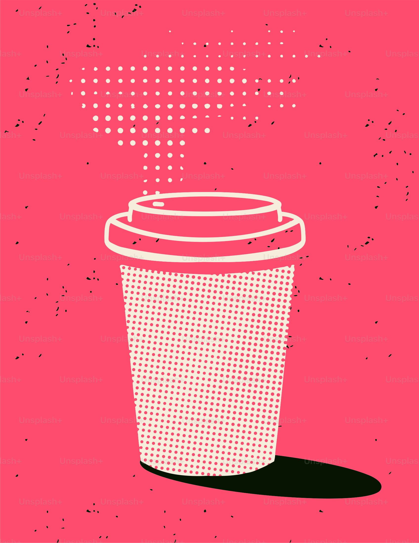 A stylized coffee cup with steam on a pink background.
