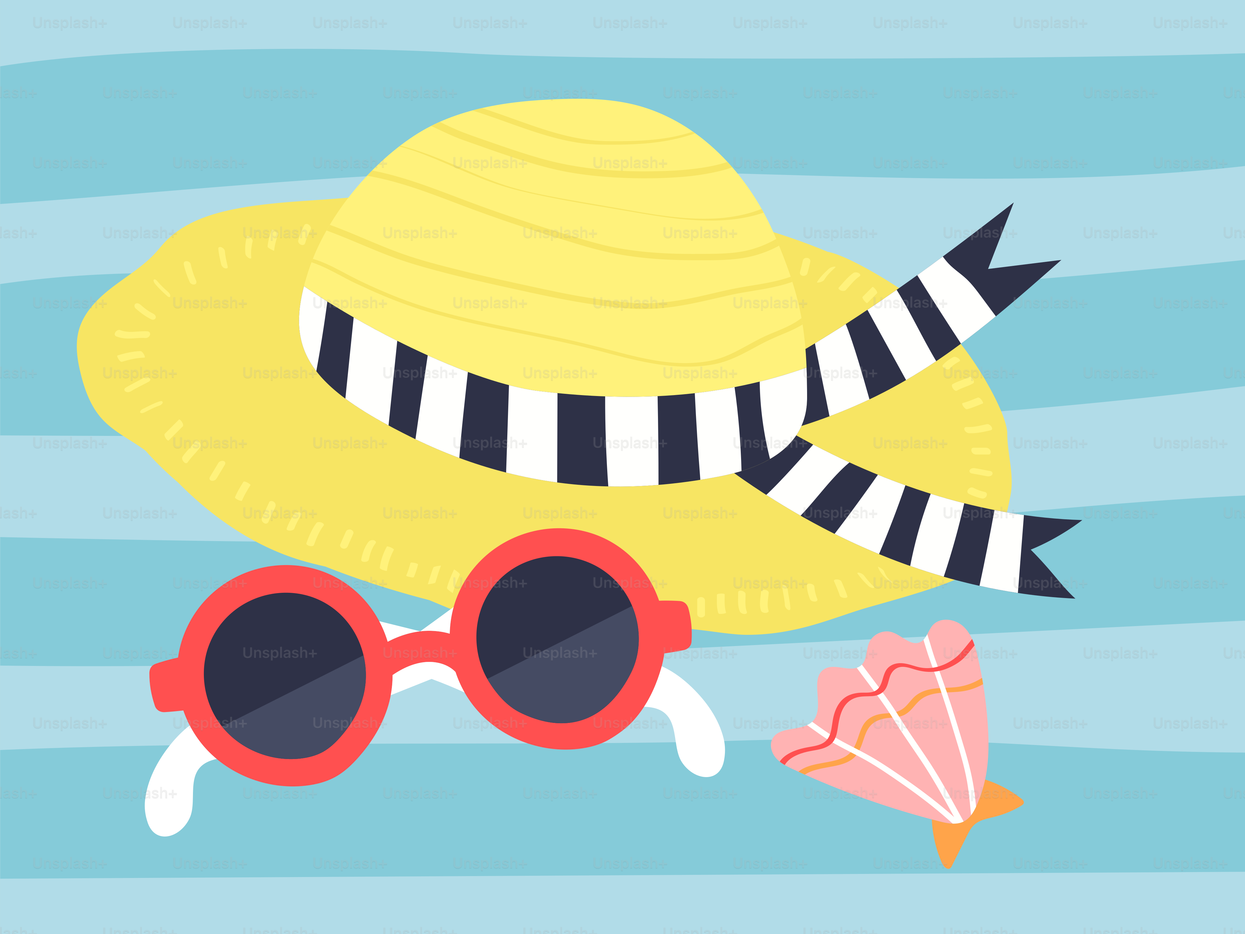 Yellow sun hat, red sunglasses, and seashell on striped blue.