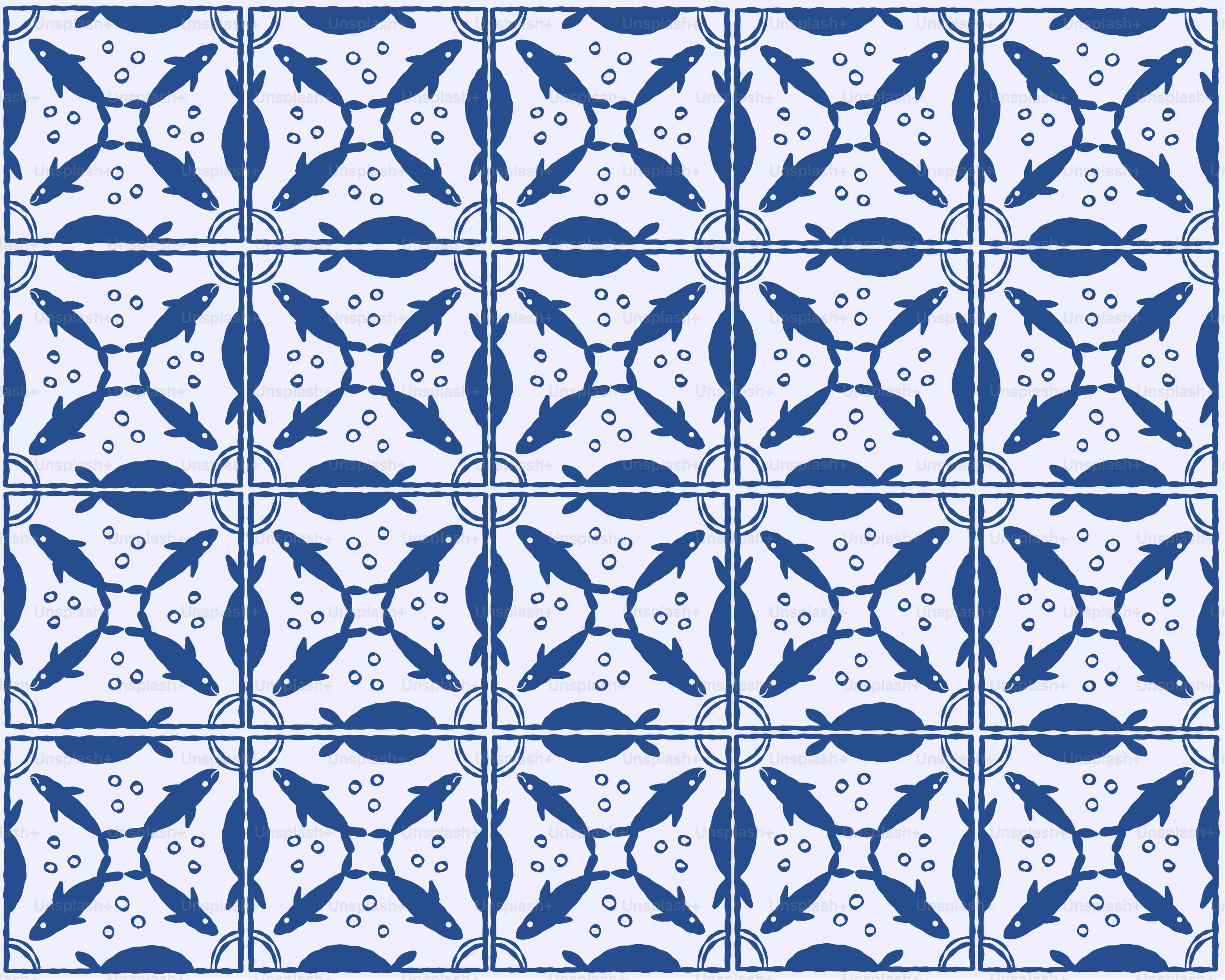 Repeating blue fish and bubble pattern on white tiles.