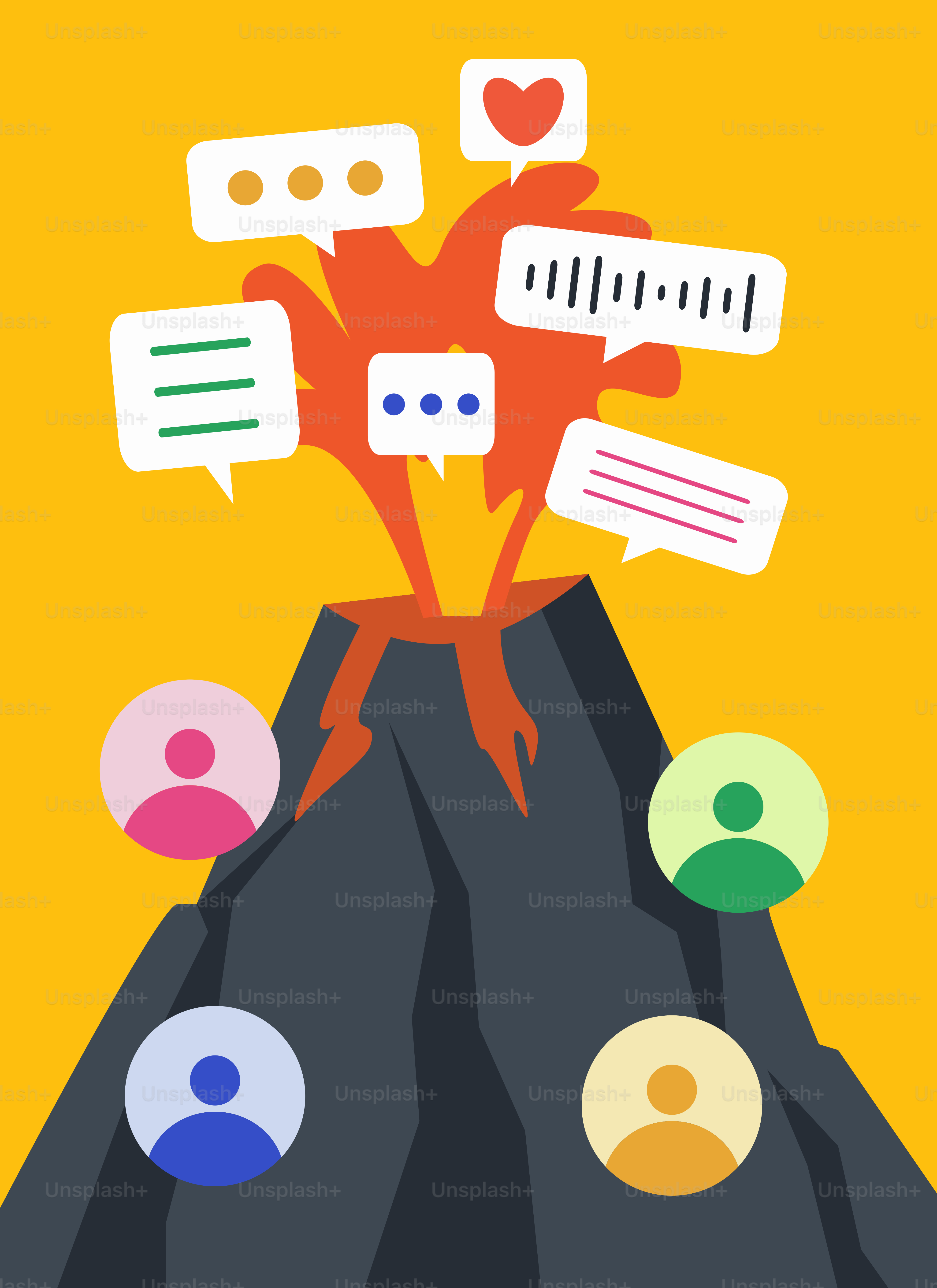 Volcano erupting social media icons and user profiles.