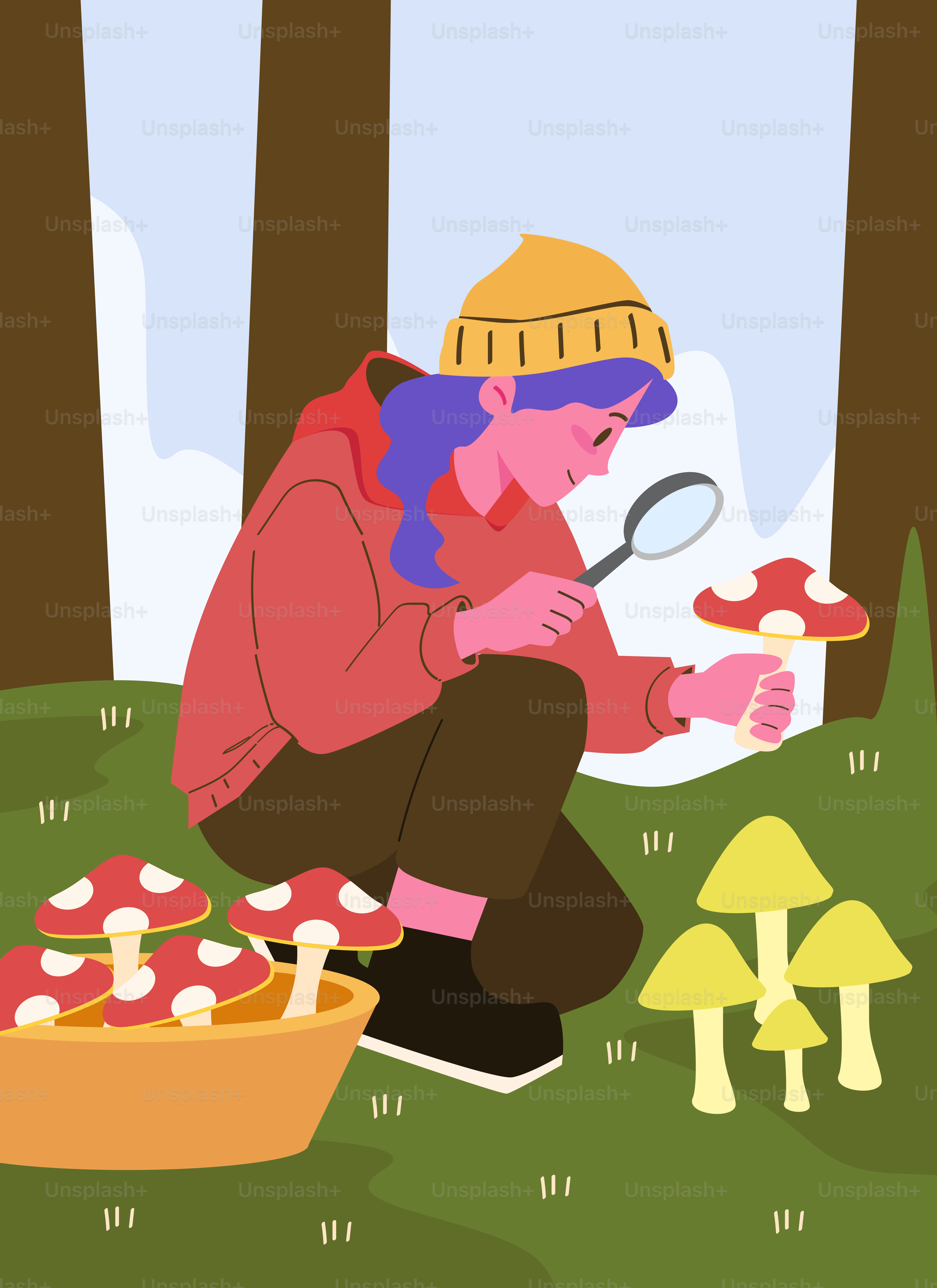 Person examining mushrooms with a magnifying glass in a forest.