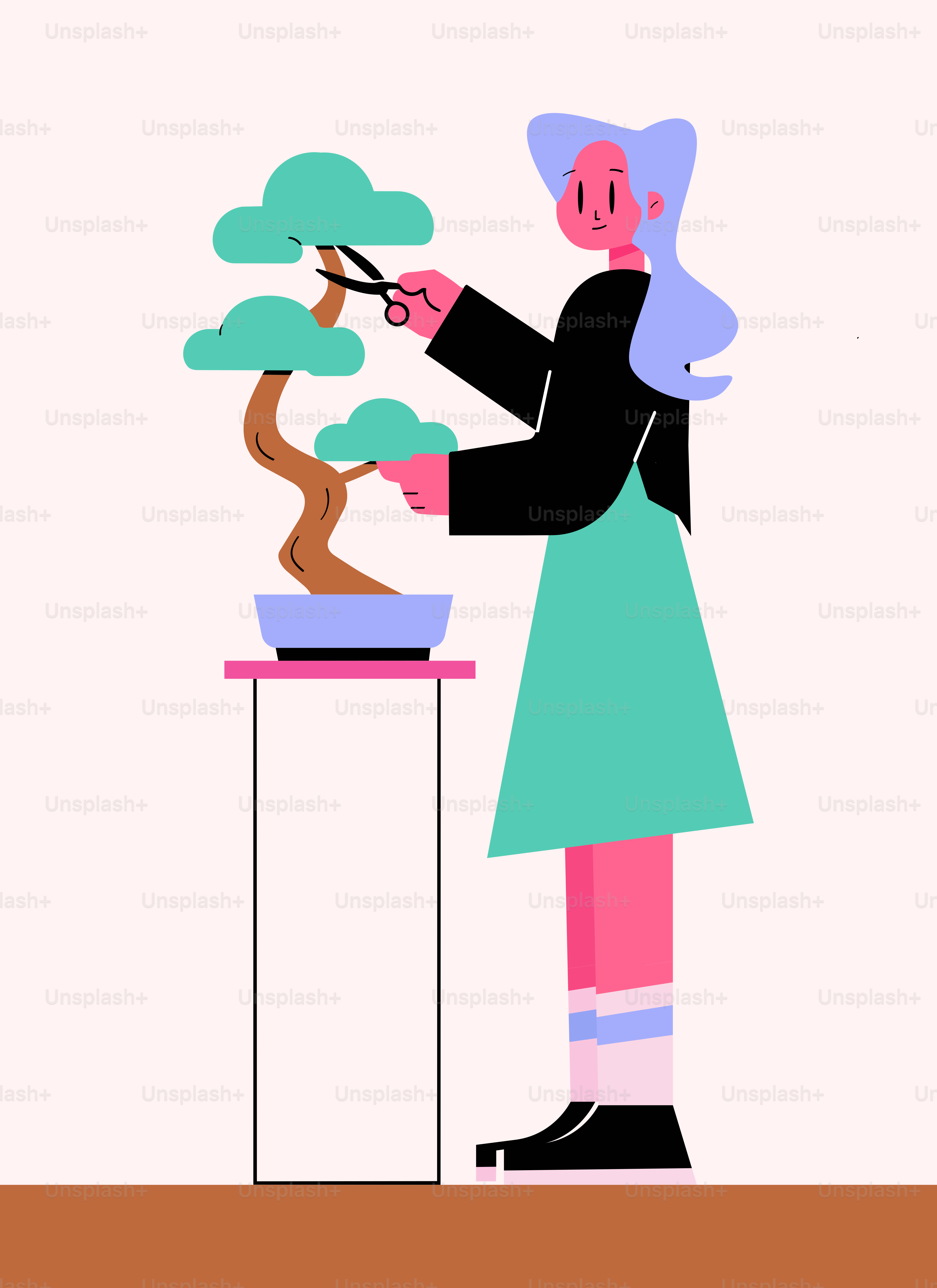 A woman prunes a bonsai tree.