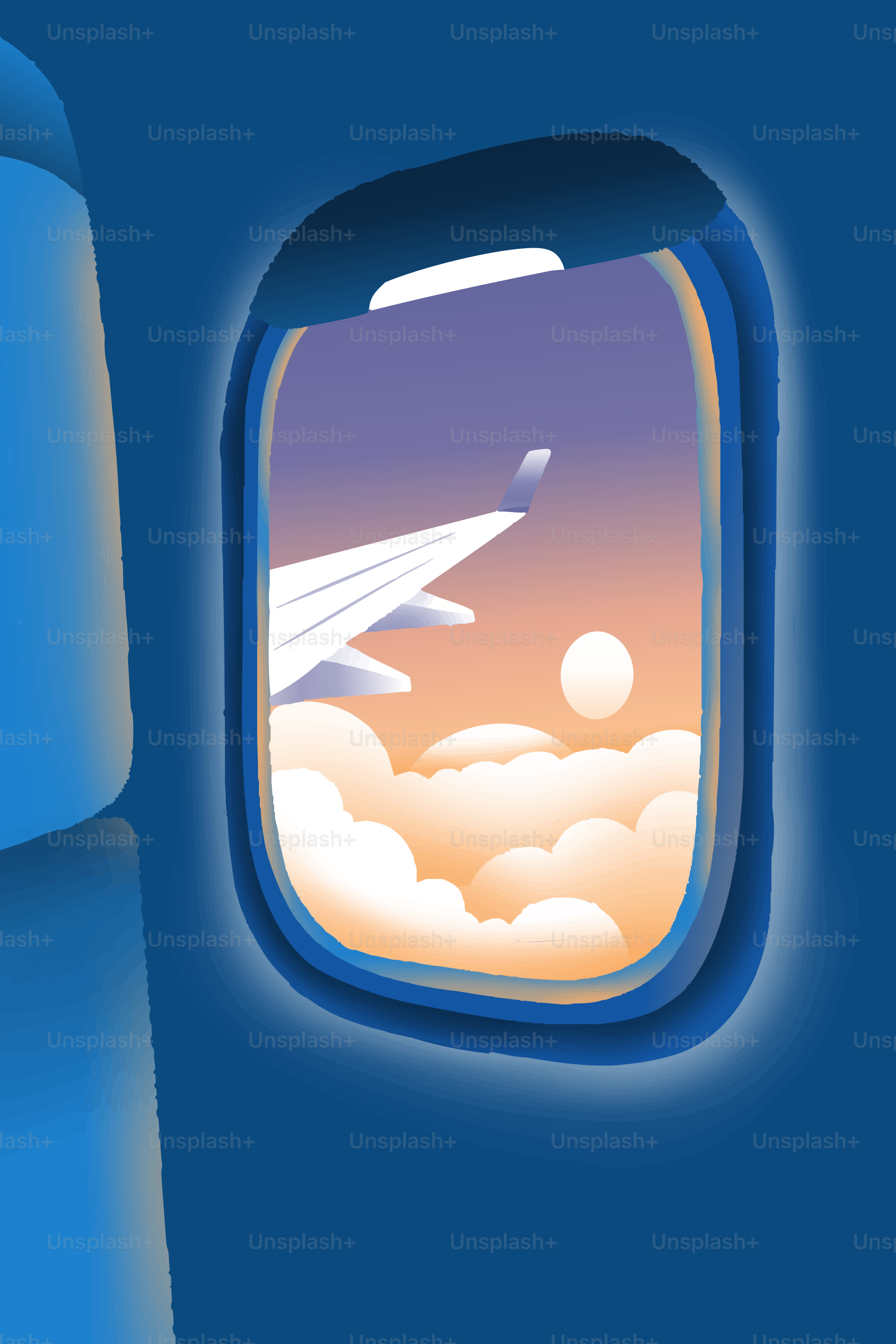 Vista dal finestrino di un aereo con ali, nuvole e tramonto.