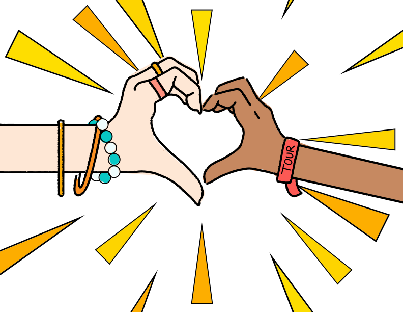 Diverse hands form a heart symbol with bright sunbursts.