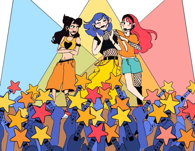 A cartoon band performs for an enthusiastic, star-waving audience.
