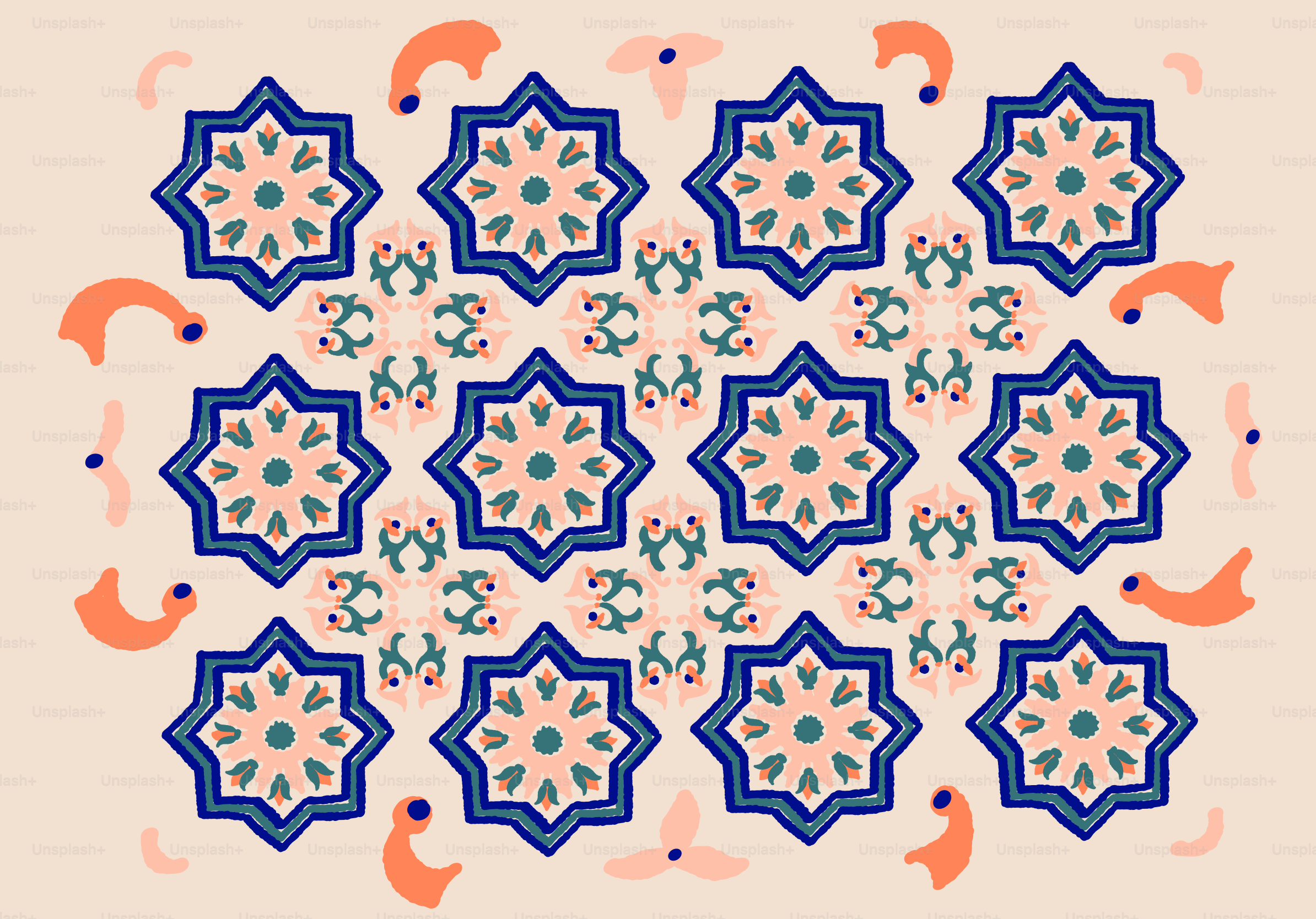 Decorative blue and peach star pattern on light background.