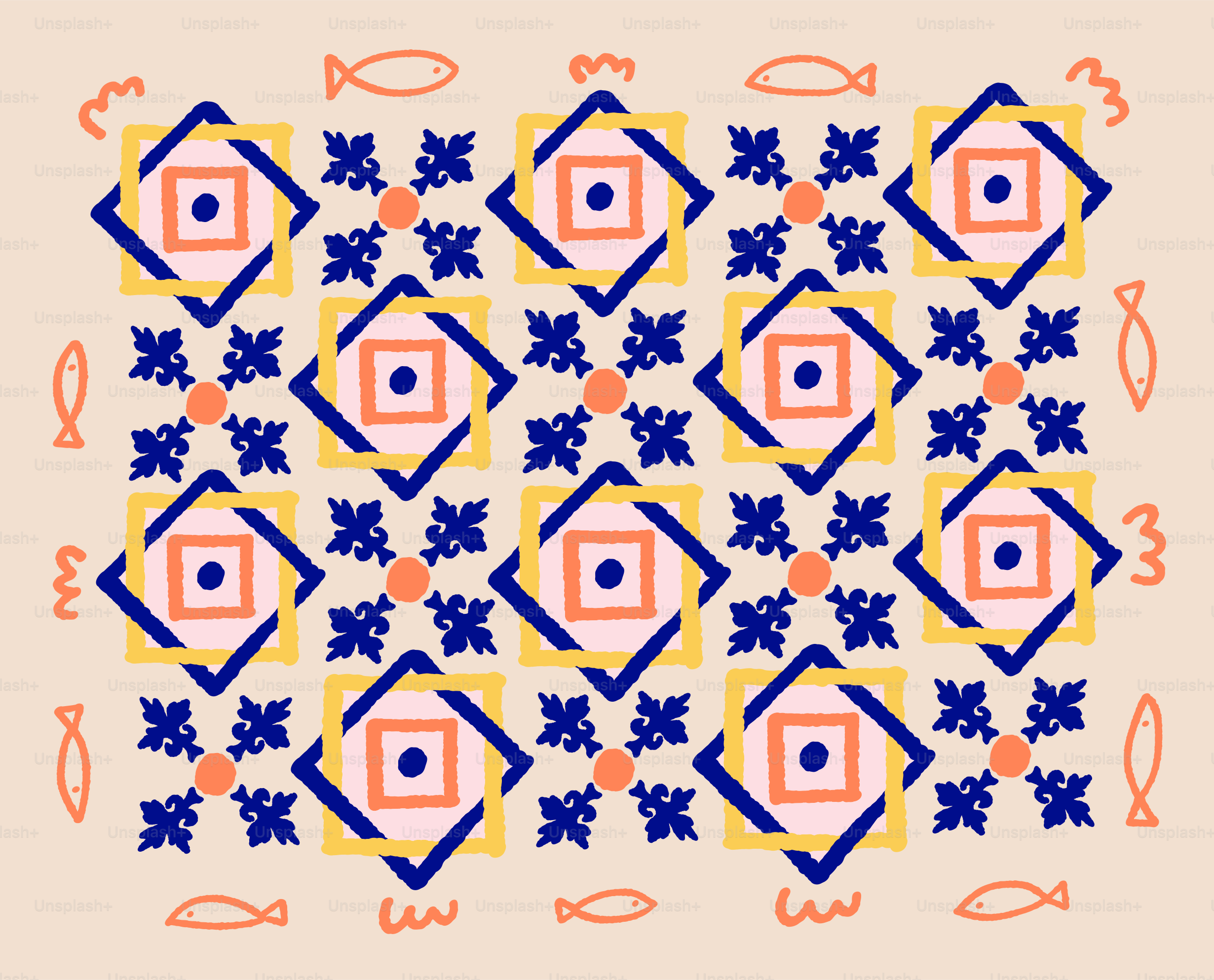 Repeating geometric pattern with fish and wavy lines.