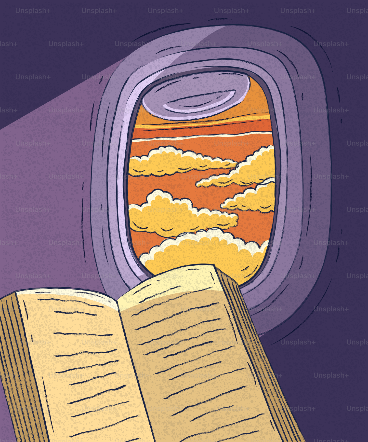 美しい夕焼けが見える飛行機の窓辺で開いた本を。