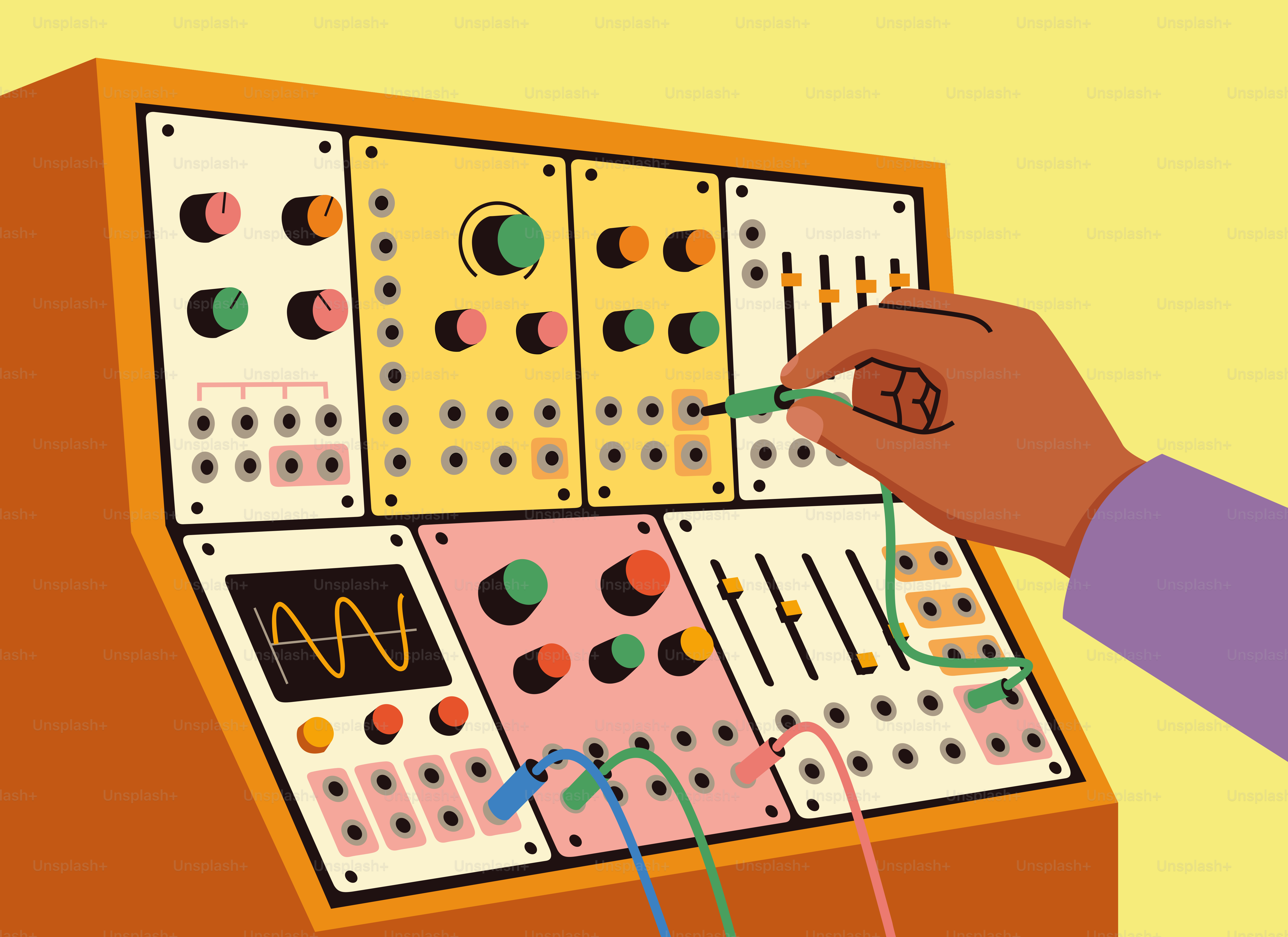 Hand connecting patch cables to a modular synthesizer.