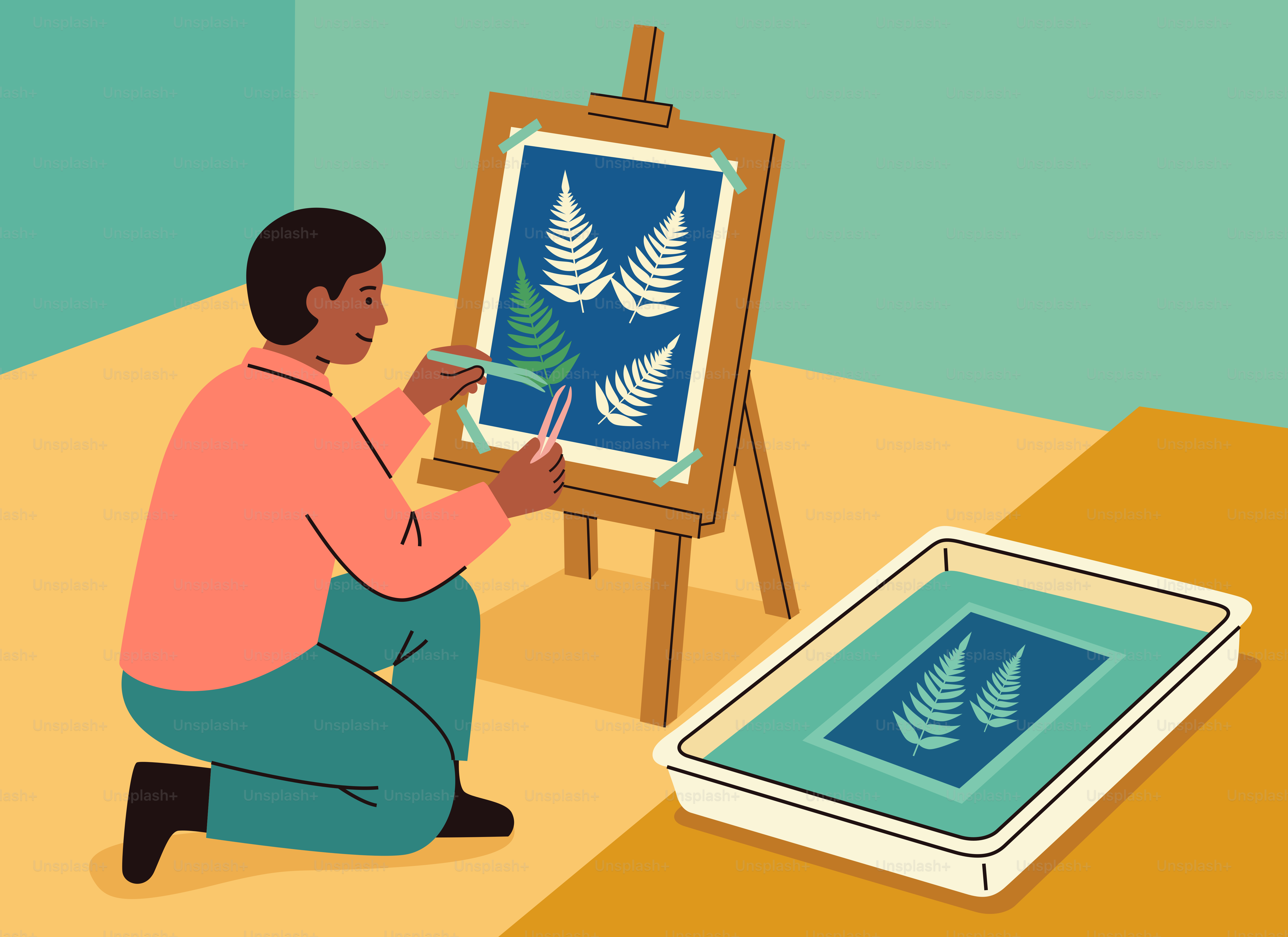 A person creating art with fern leaves on an easel.