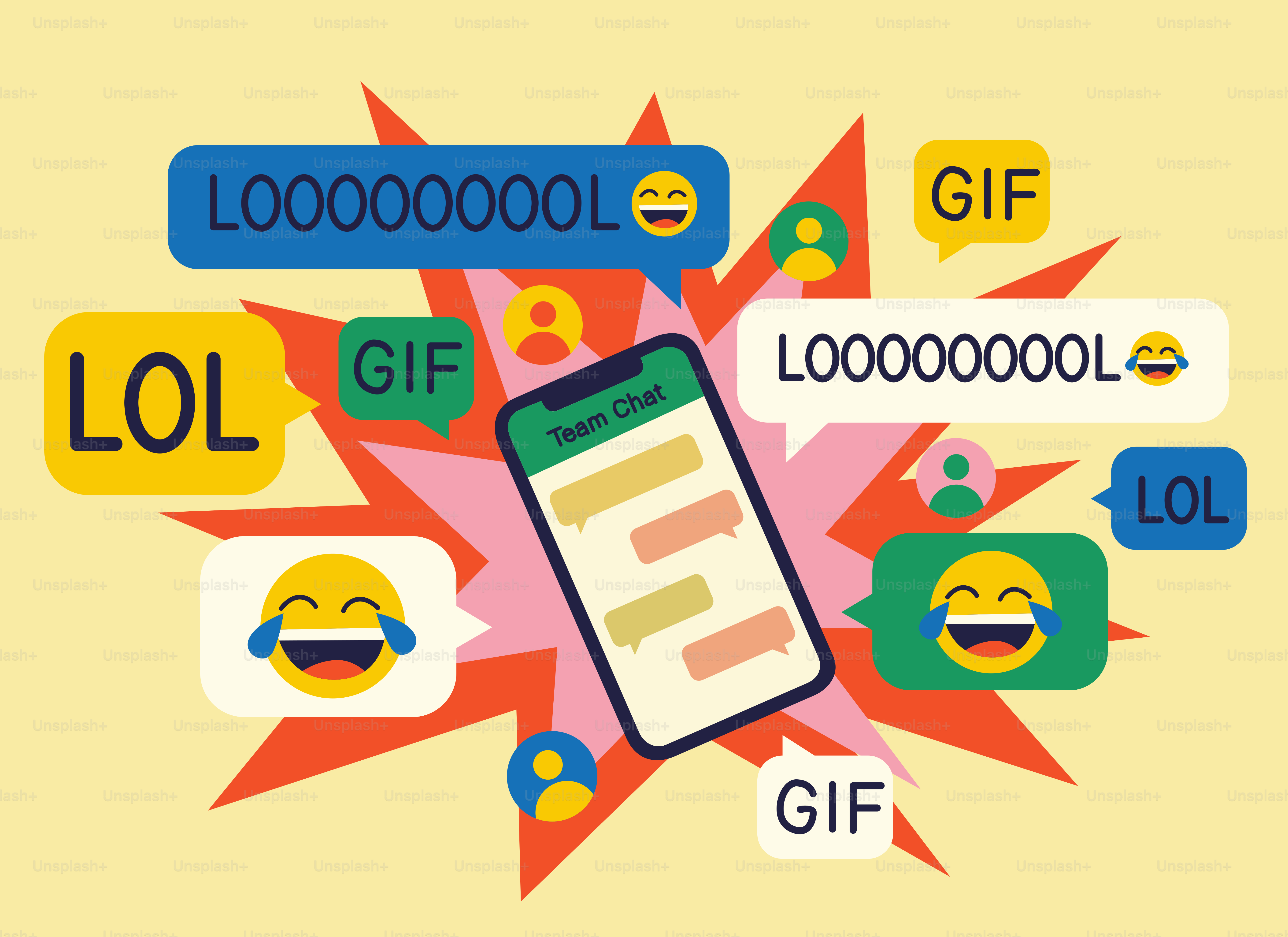 Smartphone surrounded by chat bubbles, laughing emojis, and text messages.