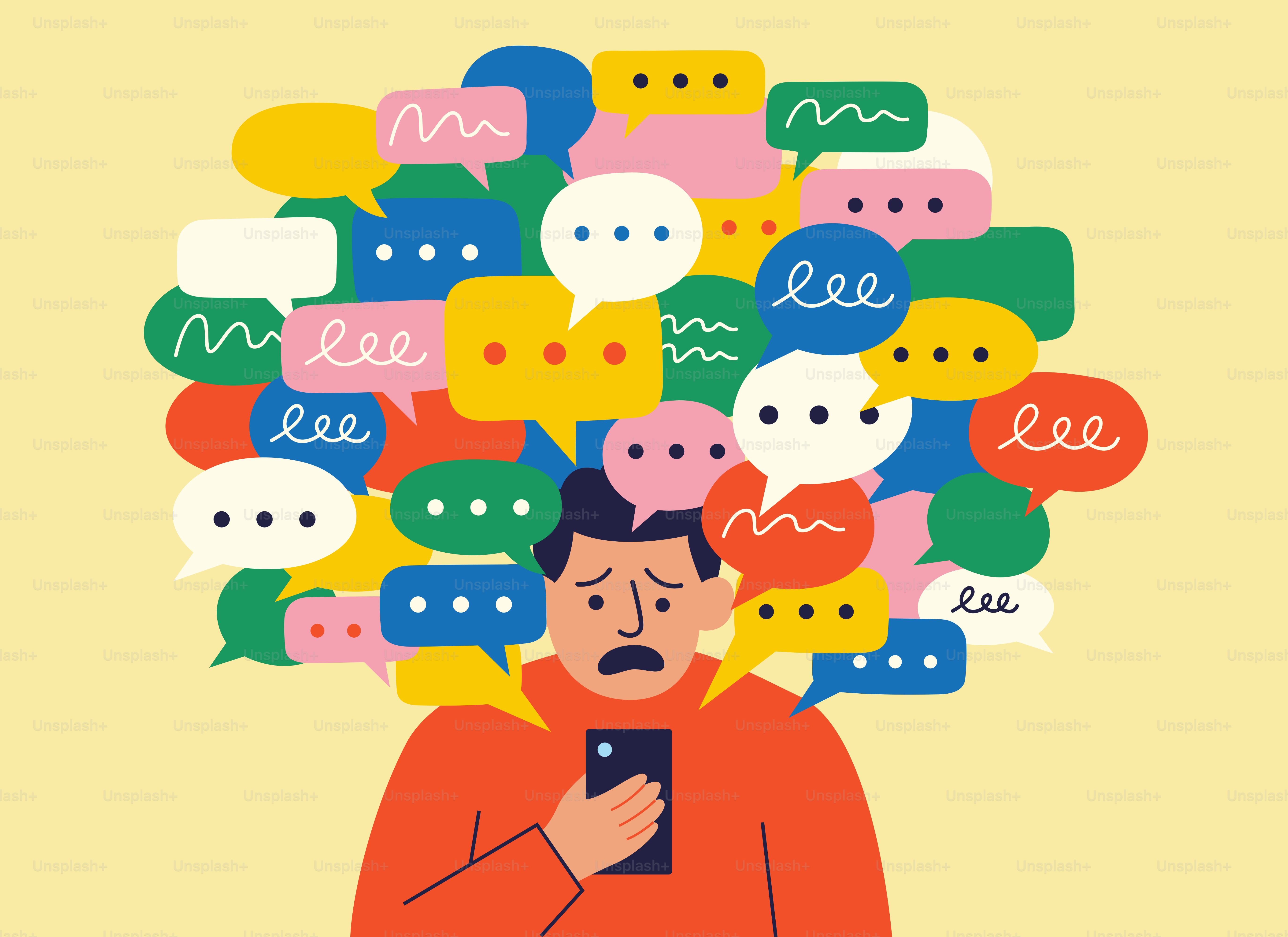 Overwhelmed person surrounded by colorful speech bubbles from phone.