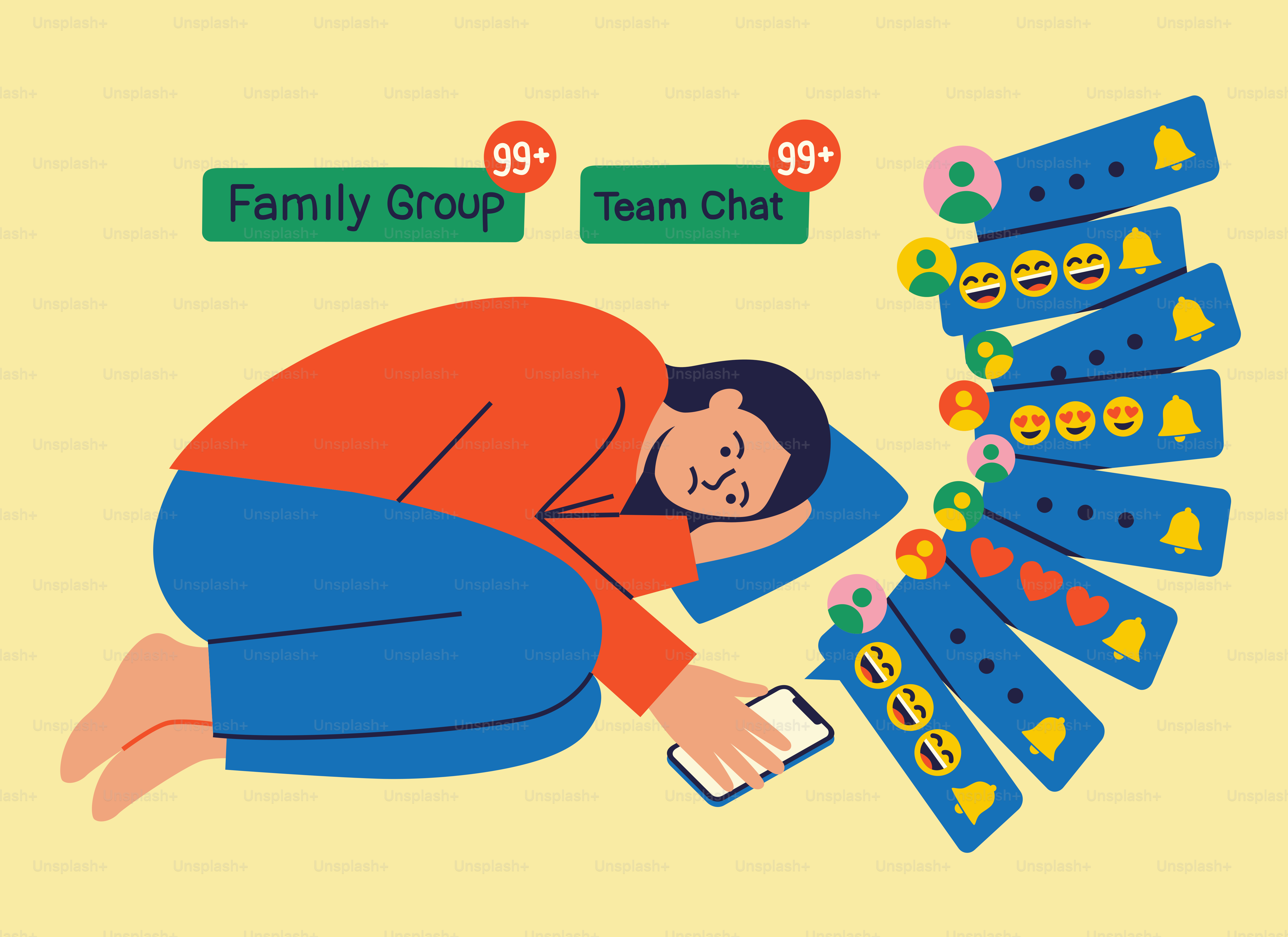 A person overwhelmed by numerous phone notifications and group chats.