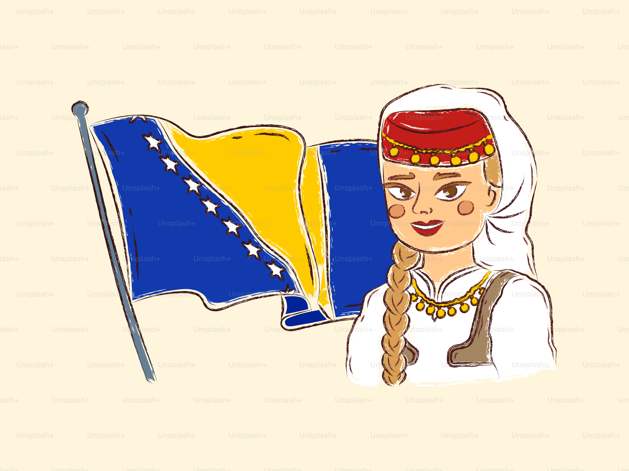 A bosnian woman in traditional dress with the national flag.