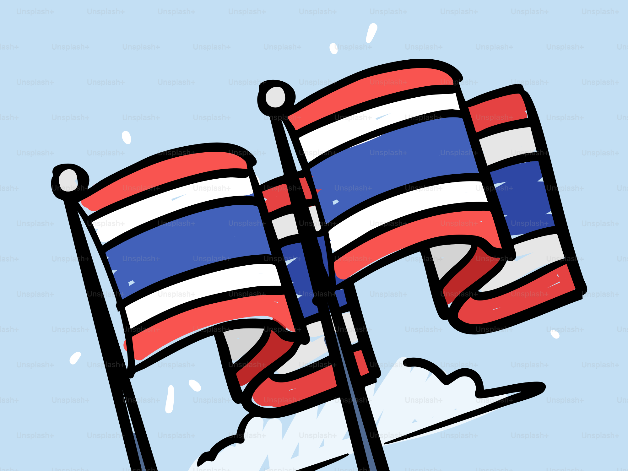 Tre bandiere thailandesi stilizzate che sventolavano contro un cielo azzurro chiaro.