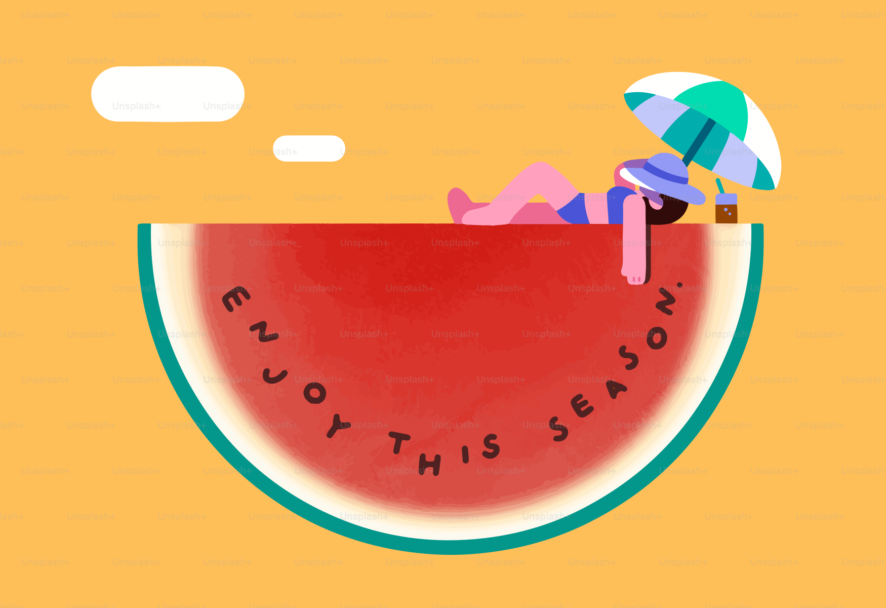 Stilisierte Illustration: Person, die sich auf Wassermelone entspannt und sagt: "Enjoy this season".