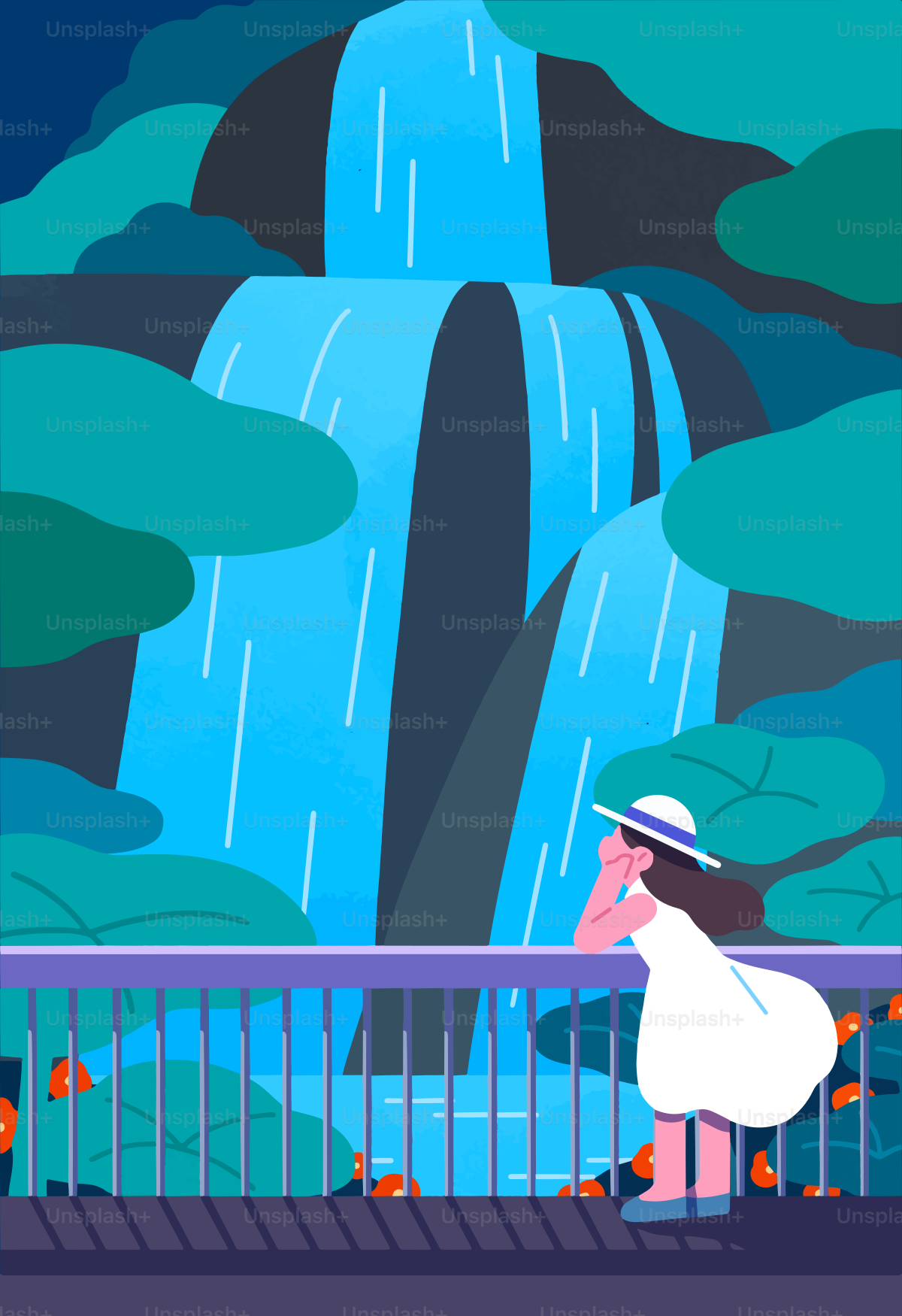 Uma mulher vestida de branco observa uma majestosa cachoeira.