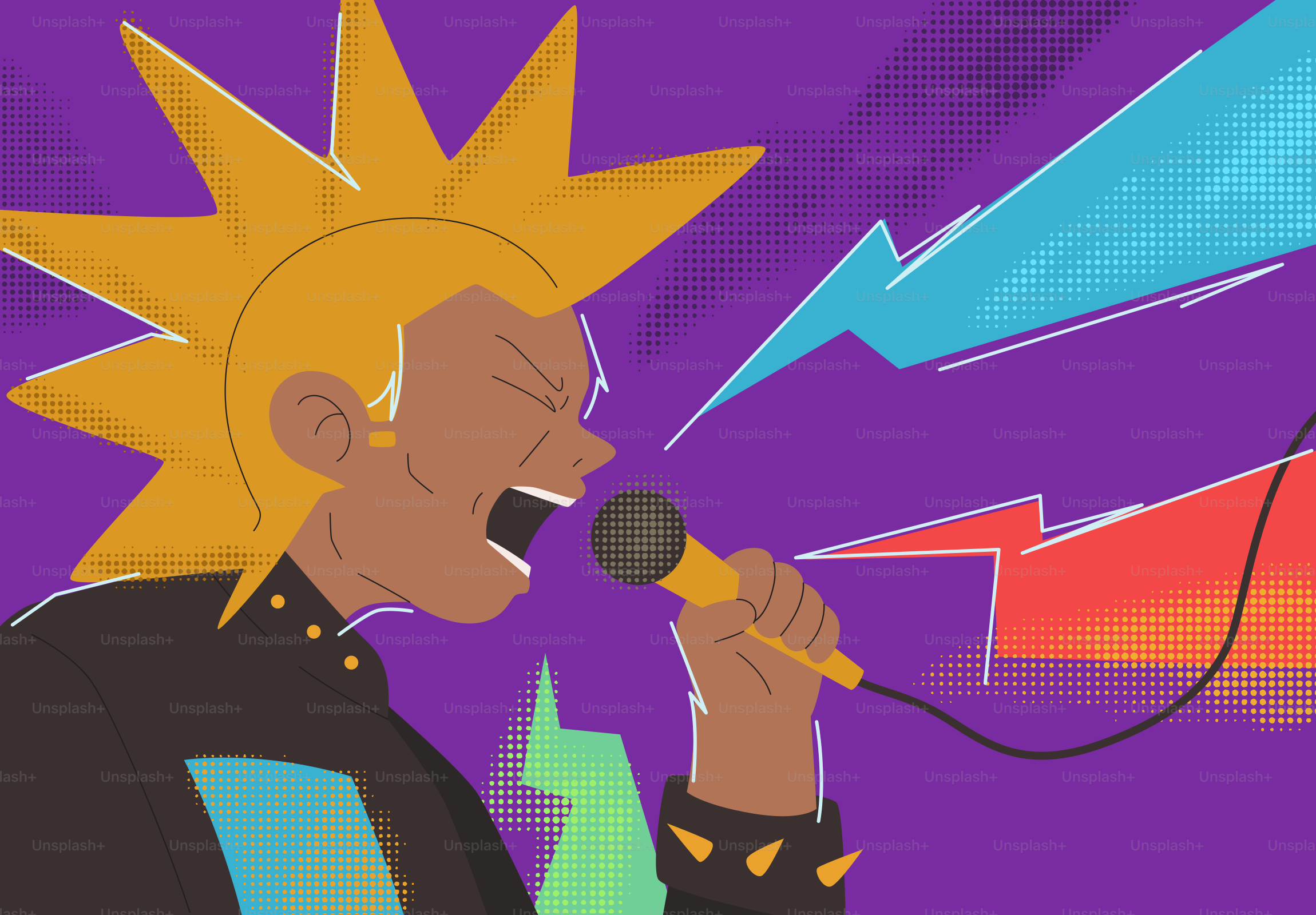 Punk rocker with a yellow mohawk singing into a microphone.