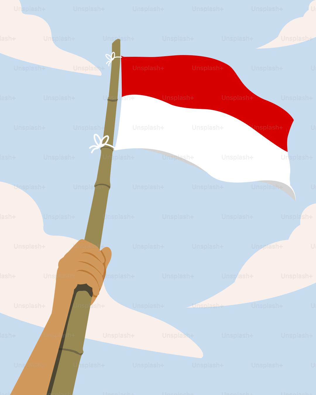 Tangan memegang bendera Indonesia di tiang bambu di langit mendung.