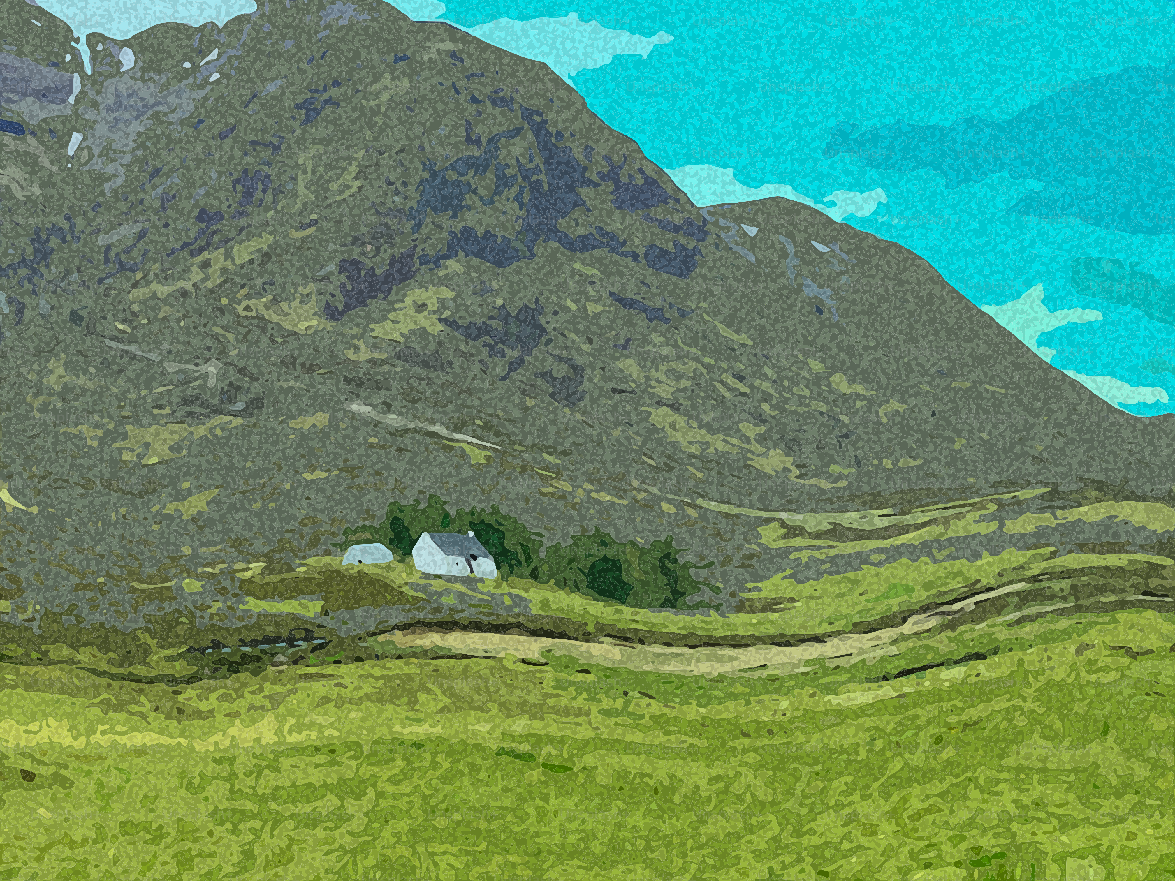A solitary white house sits nestled among green mountains.